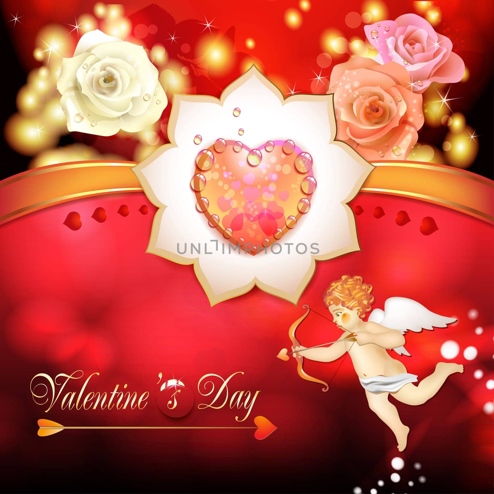 Valentine's day card with roses, hearts and cupid
