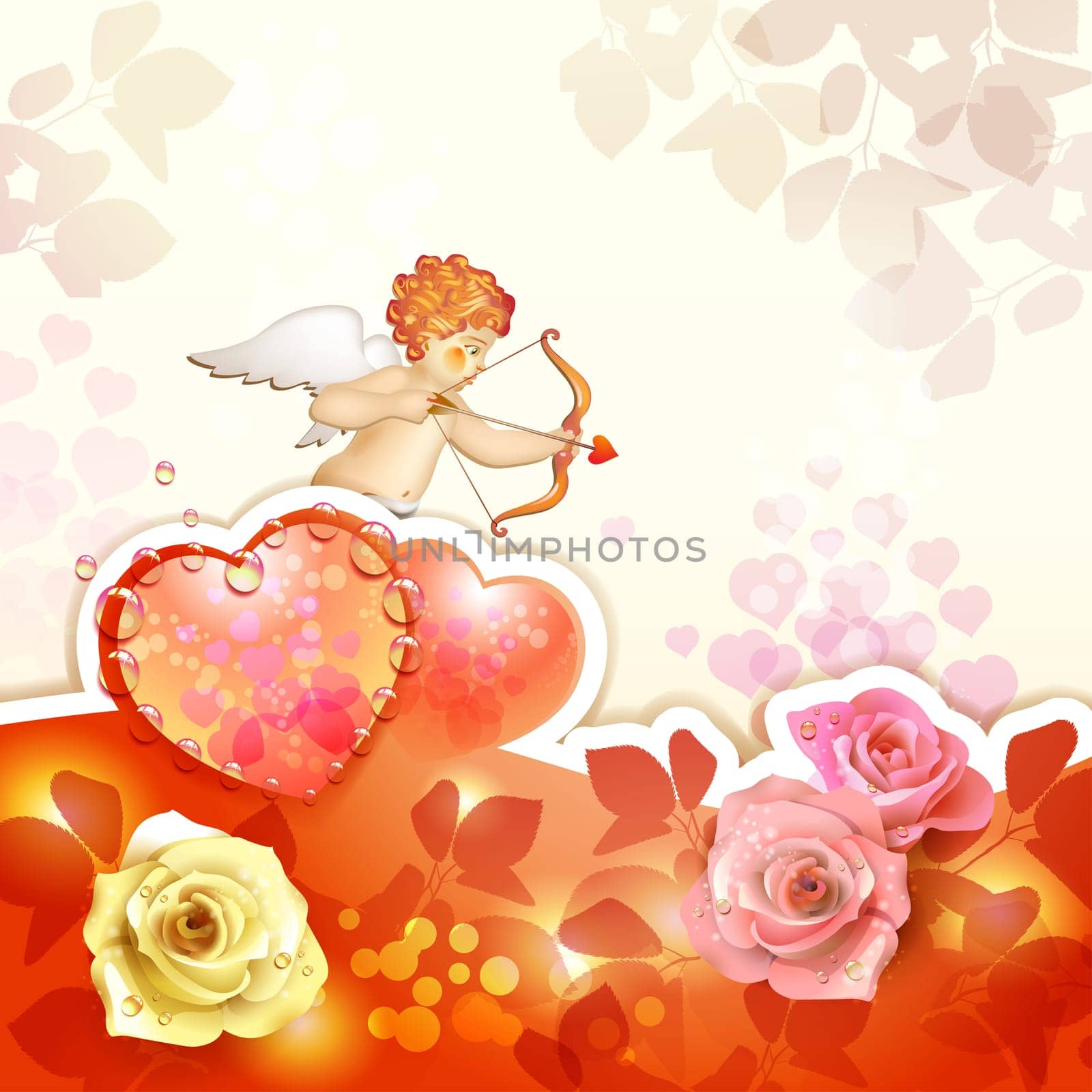 Valentine's day card with roses, hearts and cupid
