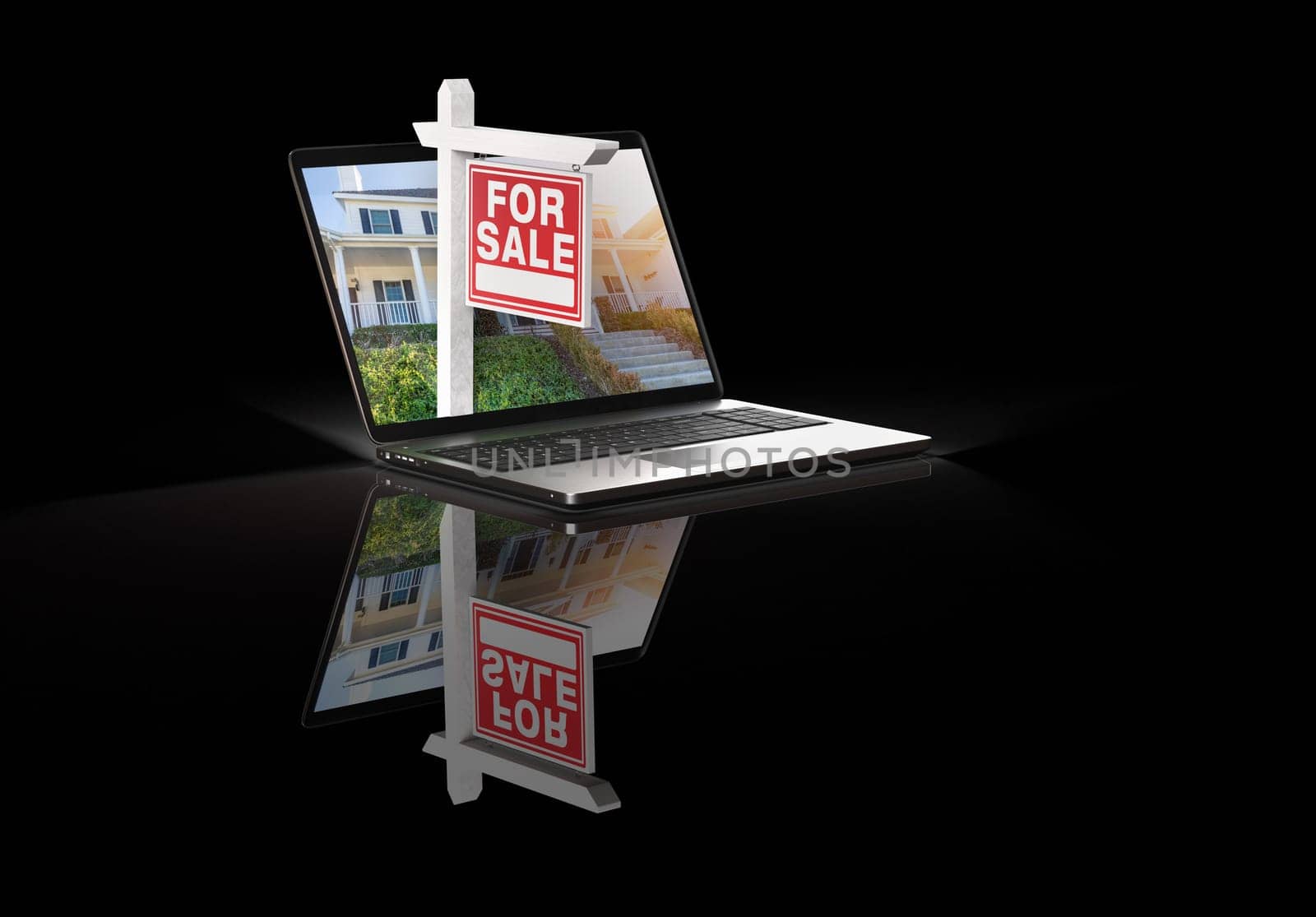 For Sale Real Estate Sign on Computer Laptop Isolated on a Black Background with Reflection.