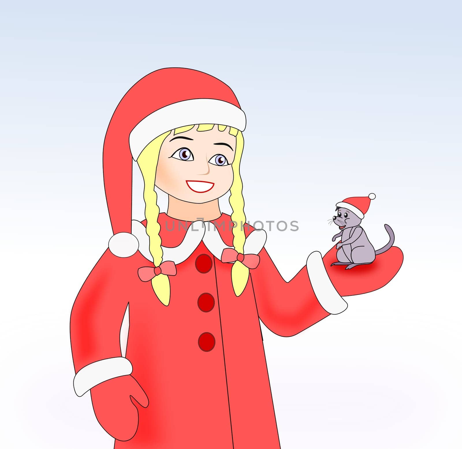 A little girl with braids and Santa     Claus clothes holding a mouse.