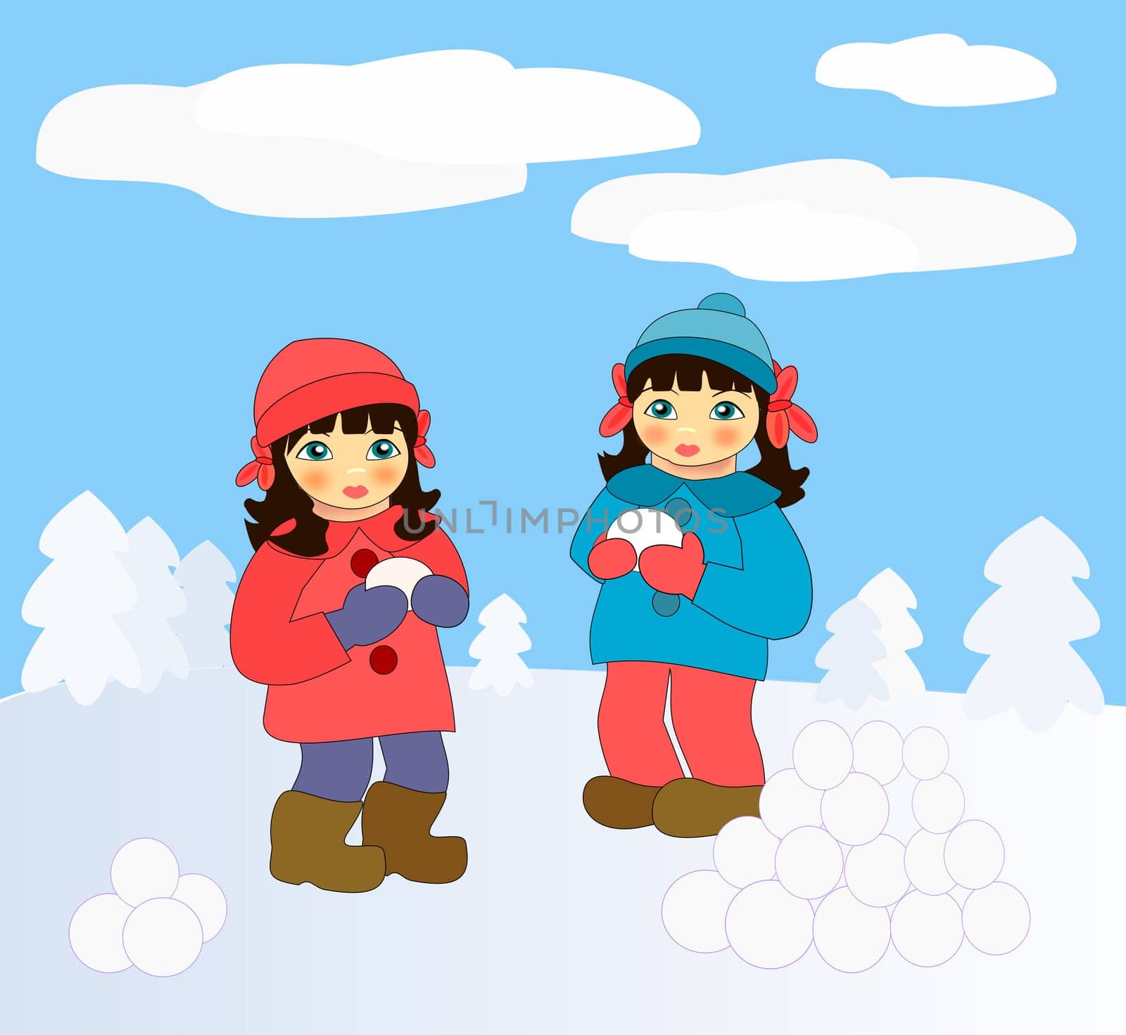 Two little girls playing in the     snow.
