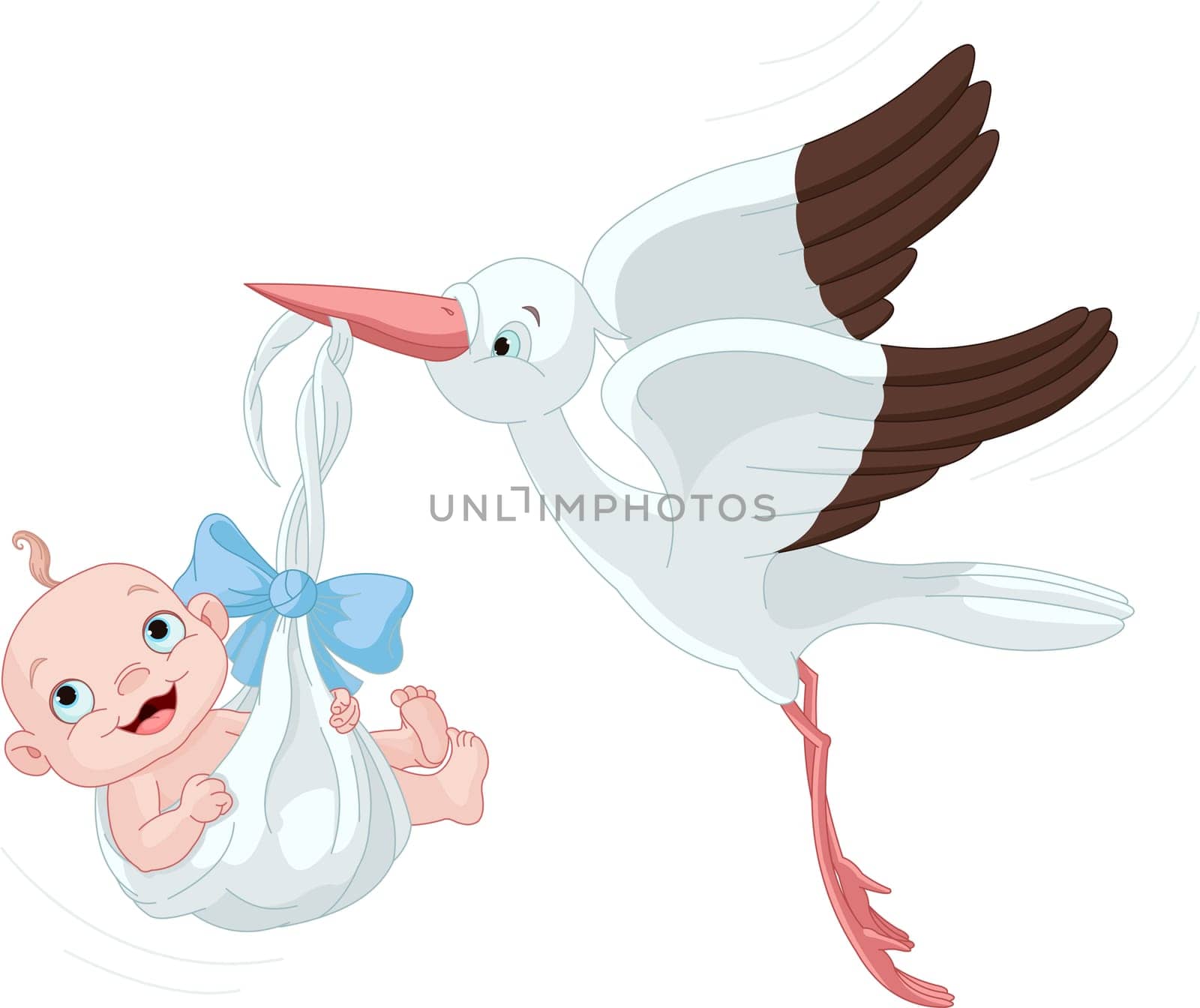 .Cute stork carrying a baby boy