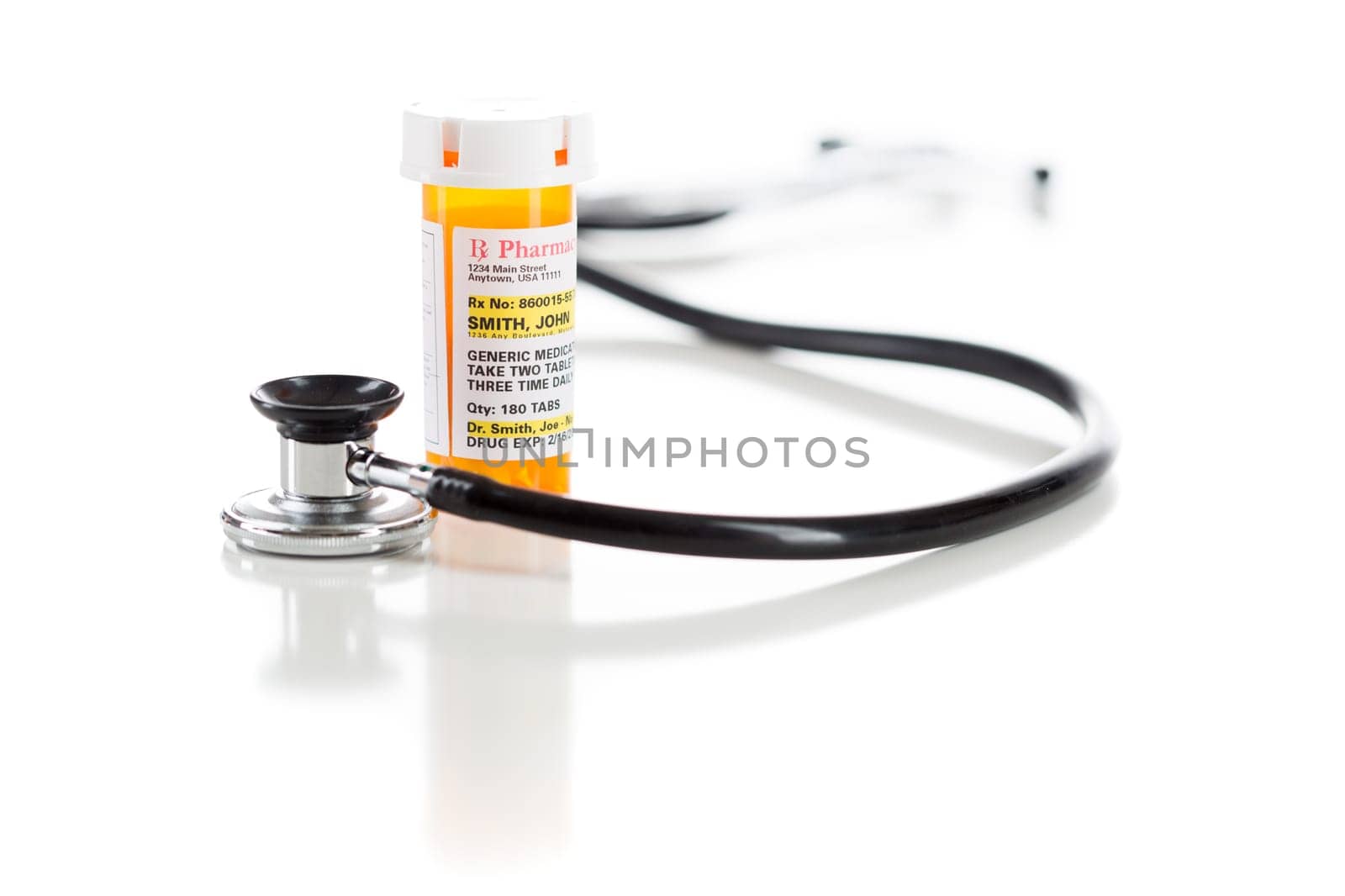 One Non-Proprietary Medicine Prescription Bottle with Stethoscope Isolated on a White Background.