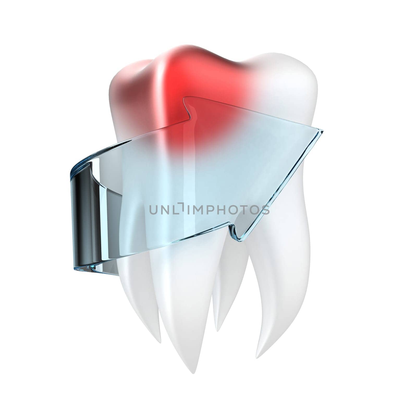 Illustration of painful tooth with a arrow on a white background