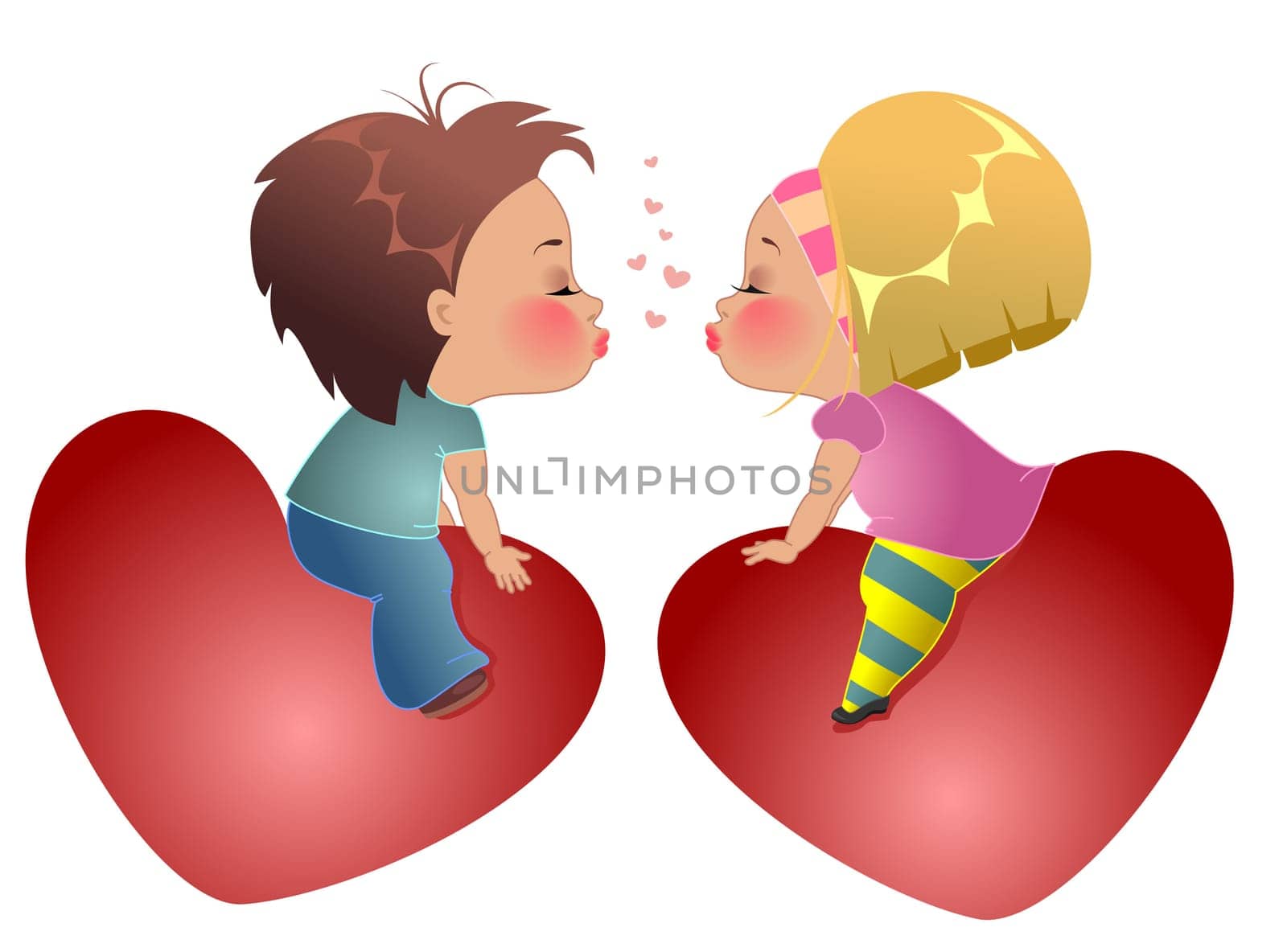 Two lovers children sitting on the hearts