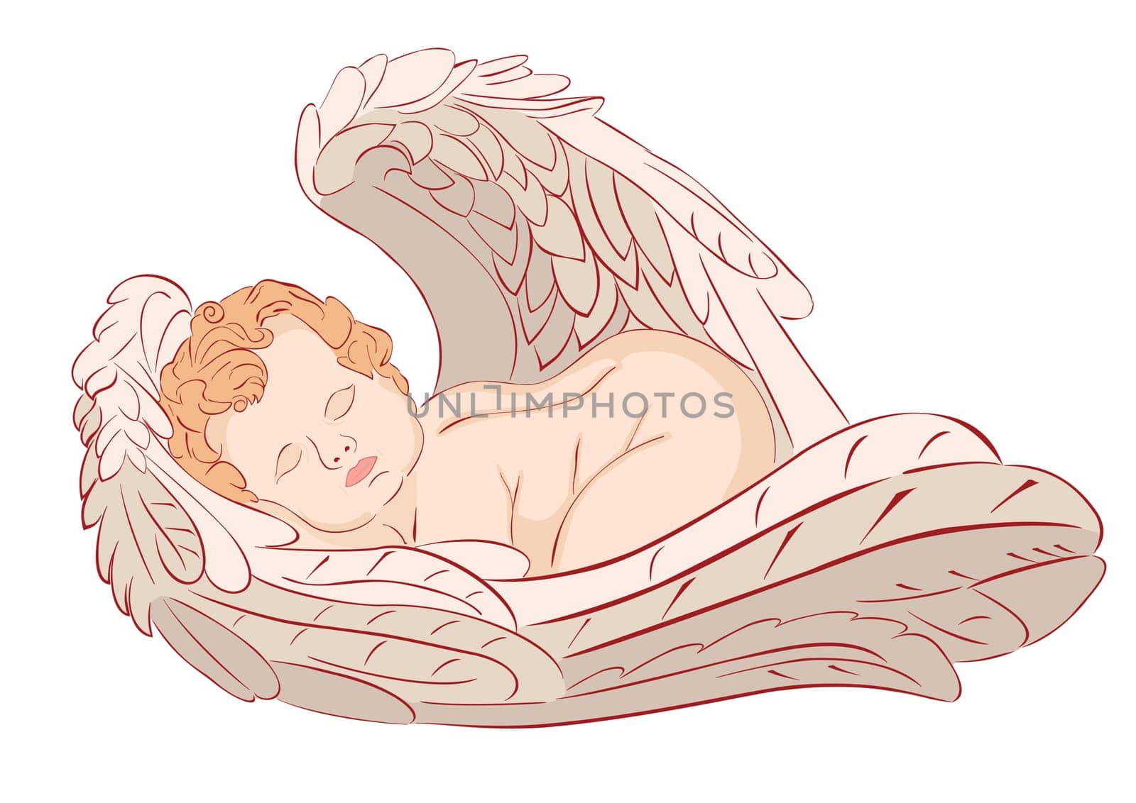 Vector illustration of a sleeping angel on white background. No transparency and gradients used.