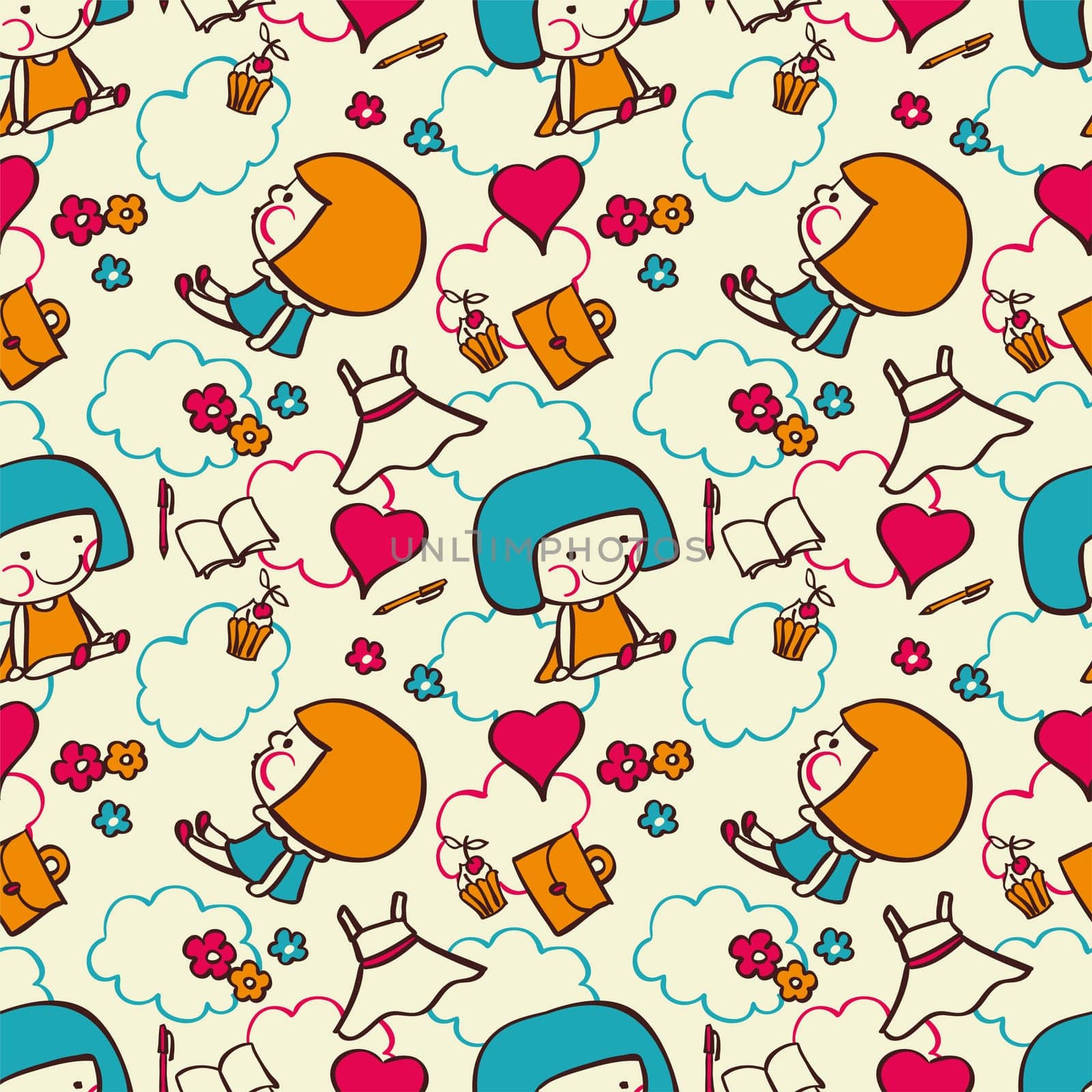 Seamless pattern - dolls and different things