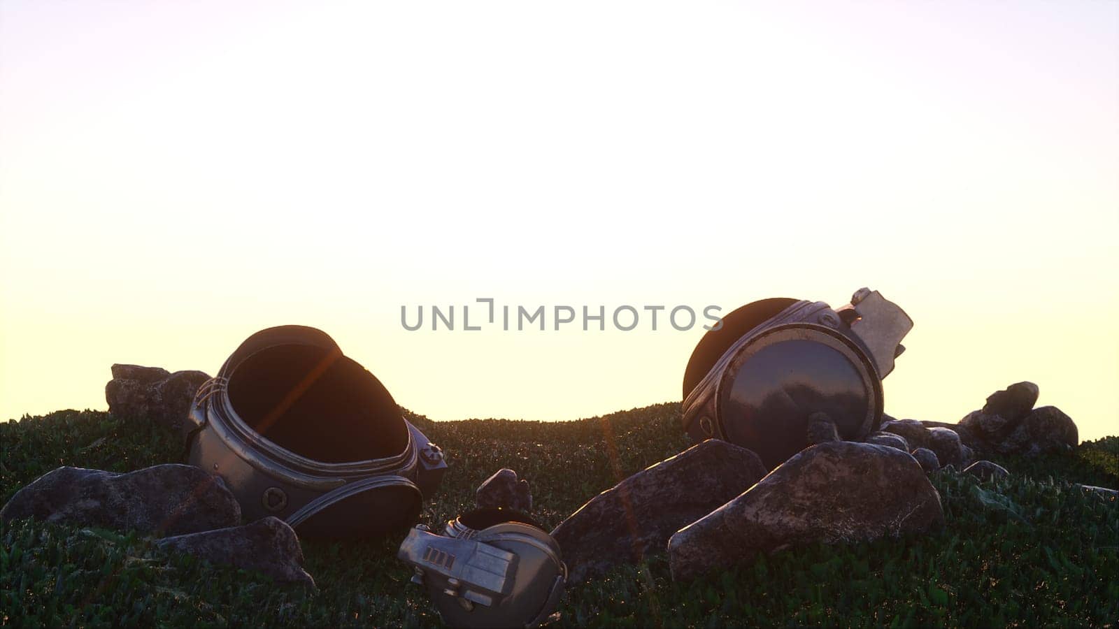 Stones and cosmonaut heads. Computer generated 3d render
