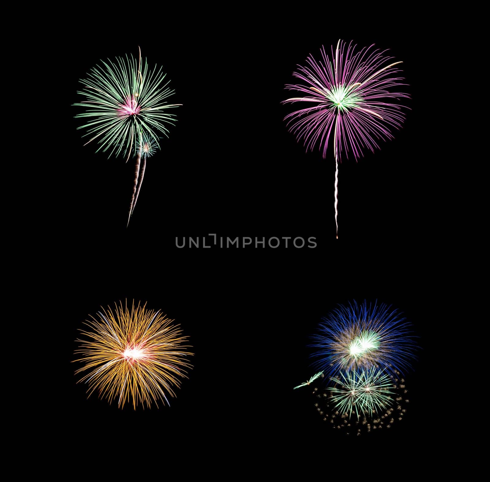 Collection of colorful festive four fireworks exploding over night sky, isolated on black background