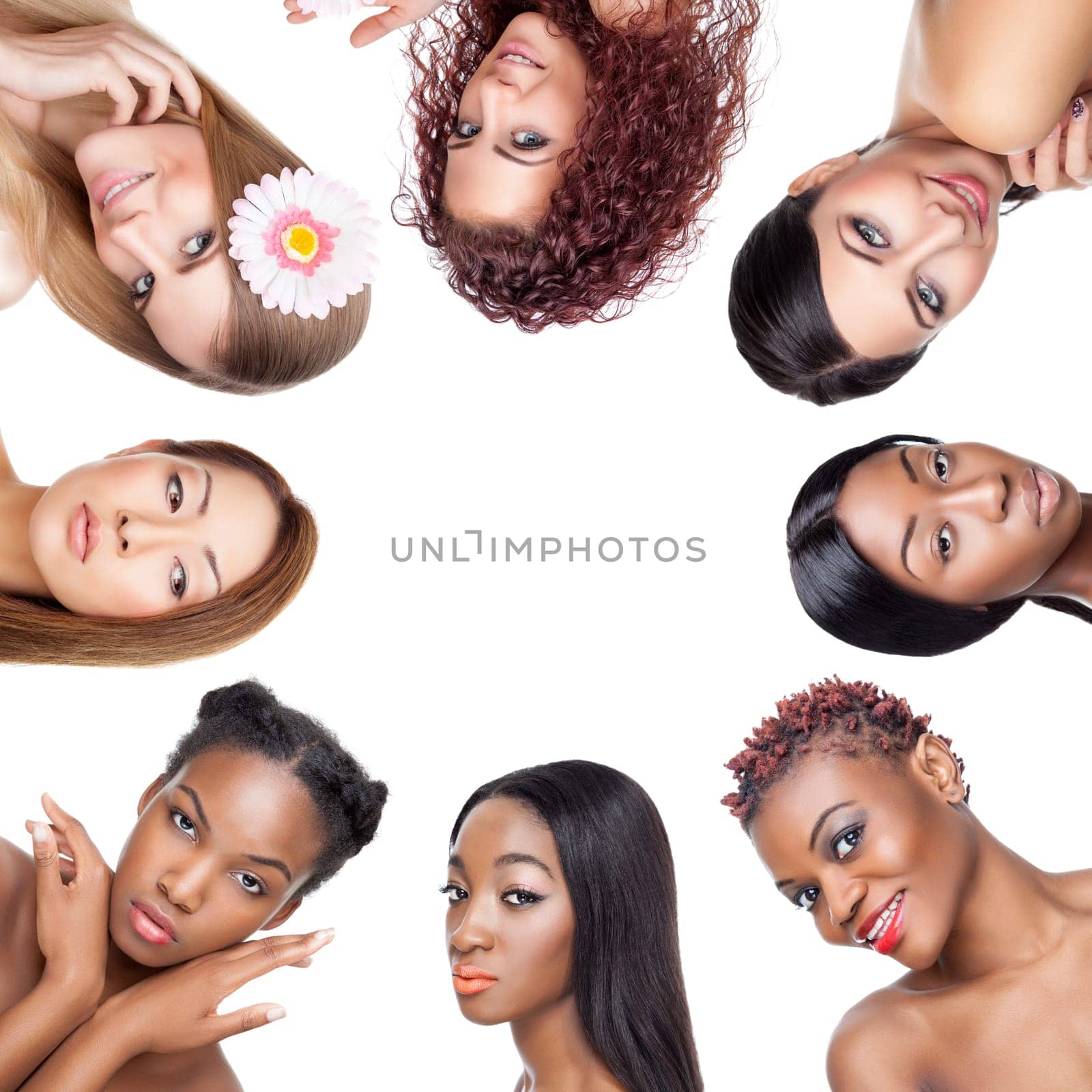 Collage of multiple beauty portaits of women with various skin tones and hair