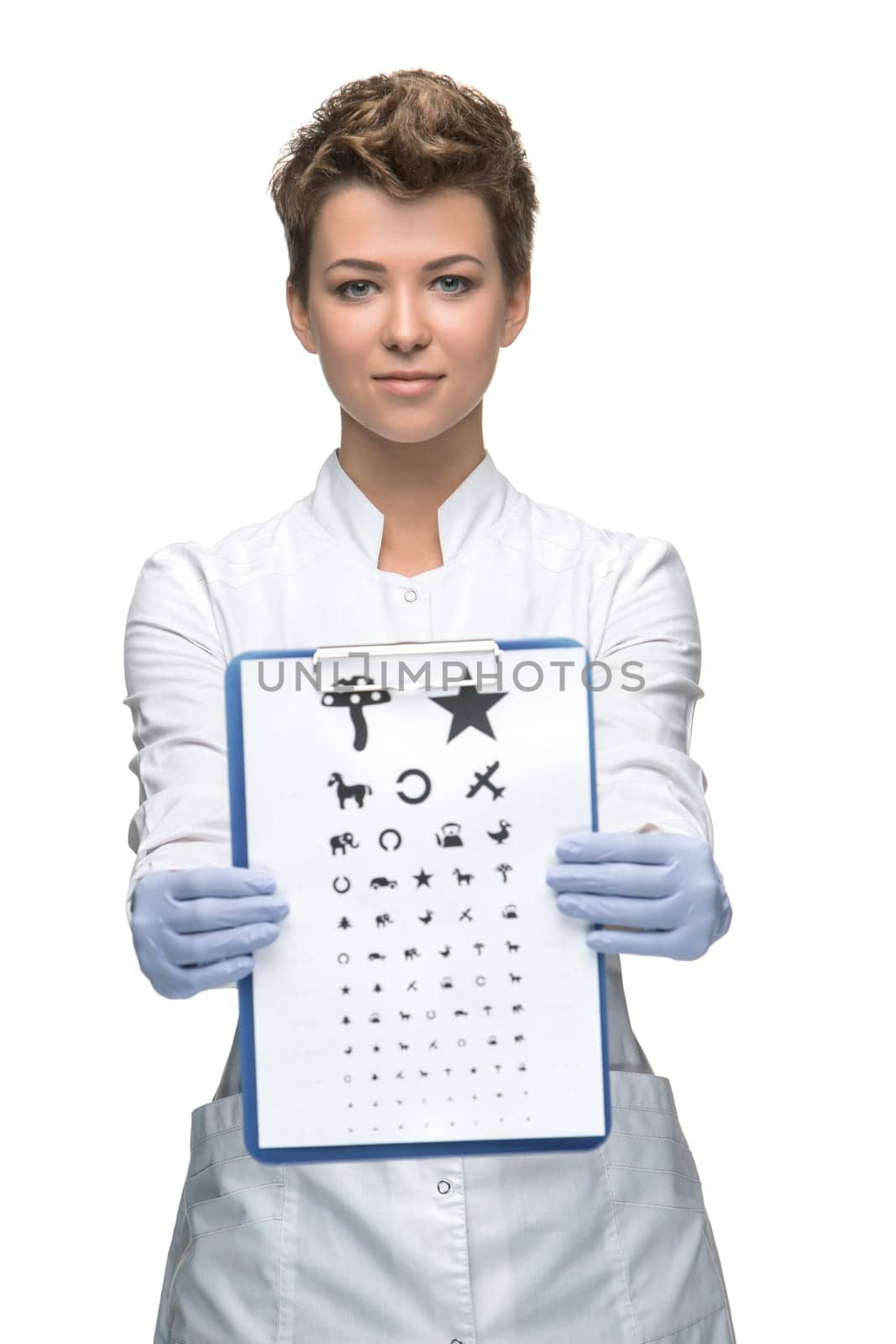 healthcare, medicine and vision concept - woman as ophthalmologist with eye chart isolated on white background