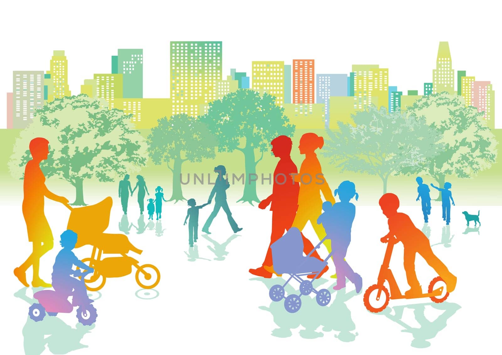 Families with children are walking in the park