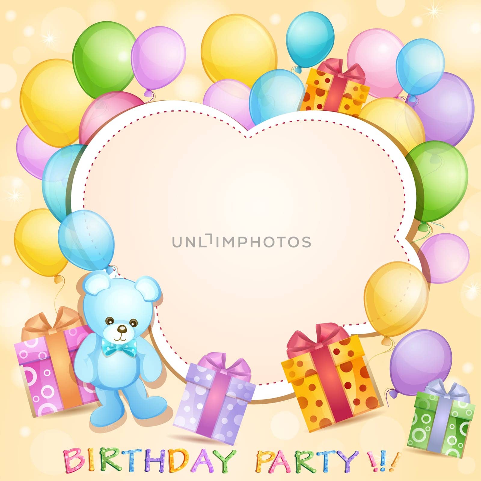 Birthday card with  balloons, gifts and teddy bear