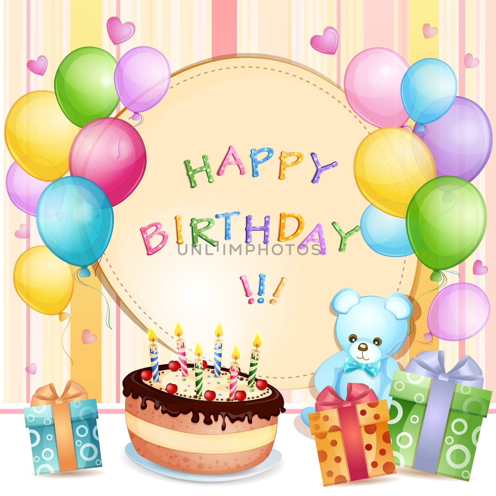 Birthday card with birthday cake, balloons and gifts