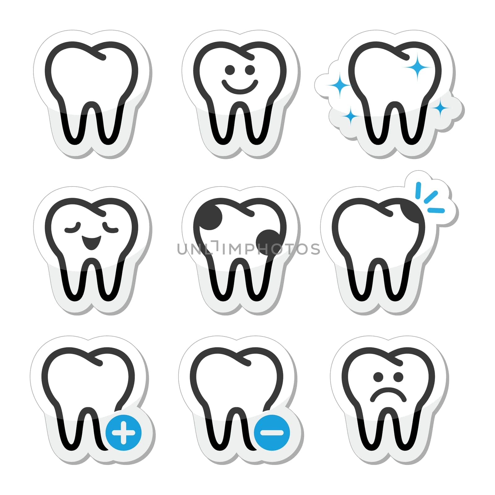 Stomatology, dentist concept - tooth black and blue labels isolated on white
