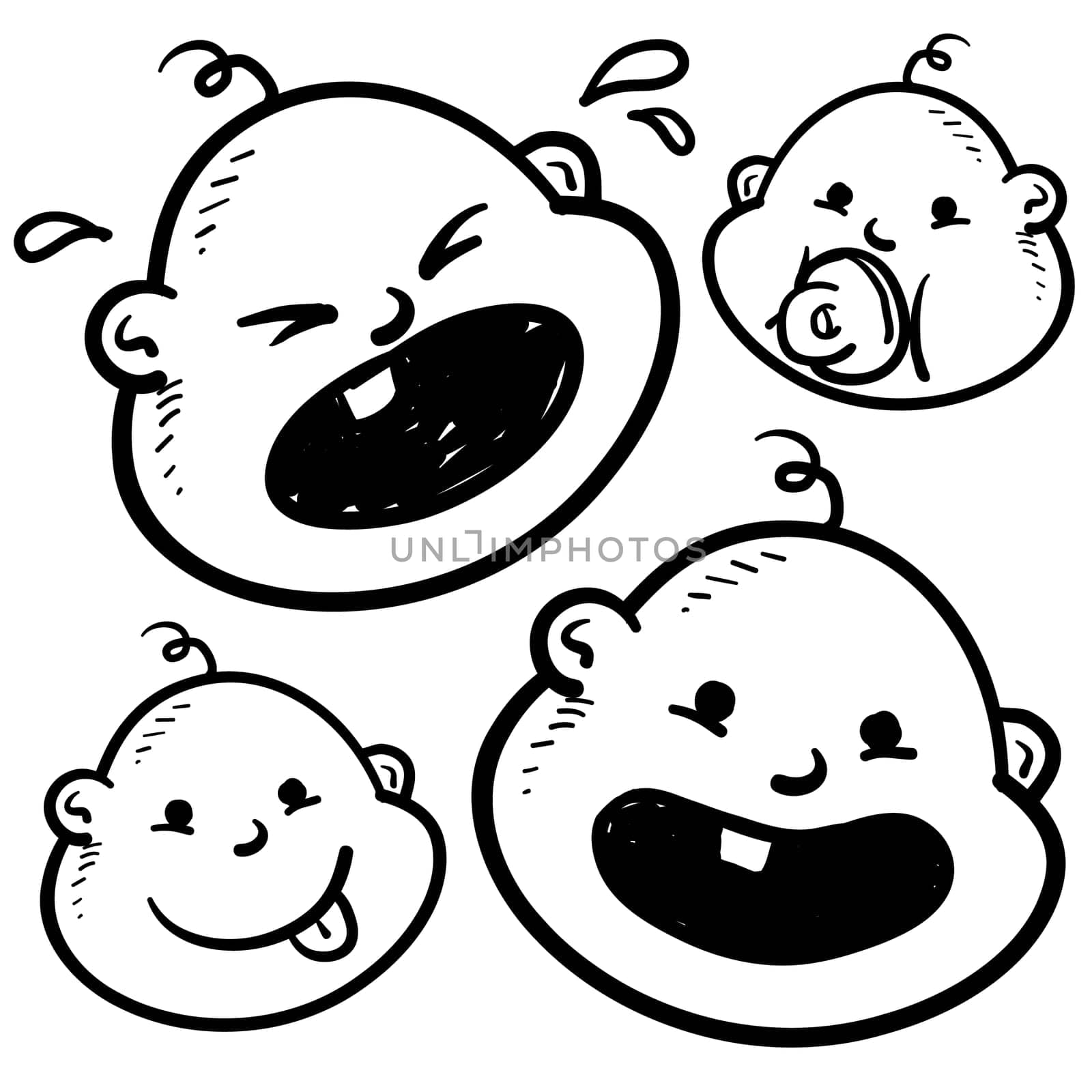 Doodle style infant or baby illustration in vector format. Includes several looks, crying, smiling, with pacifier, and with tongue sticking out.