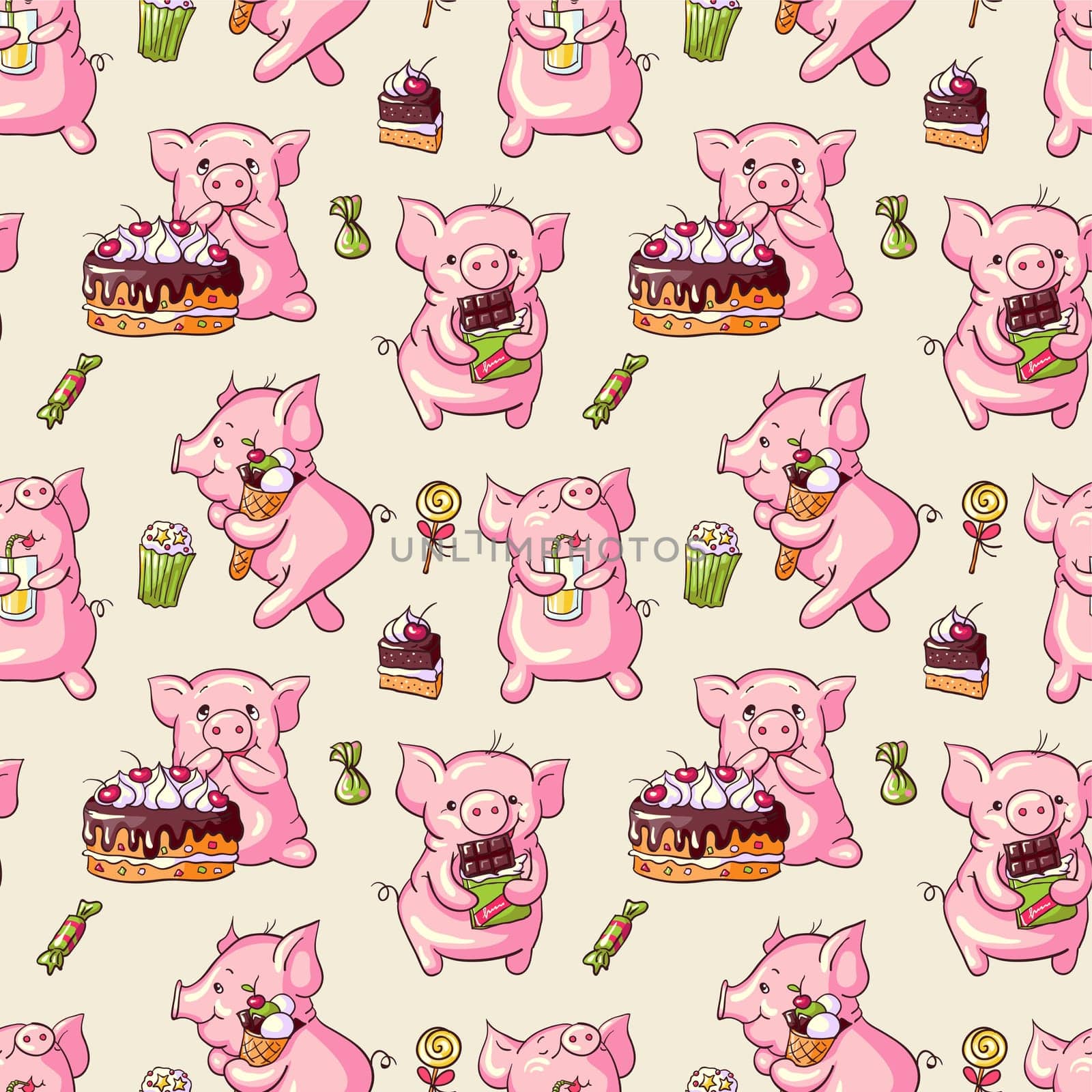 Seamless pattern  -  cartoon pigs and sweets.