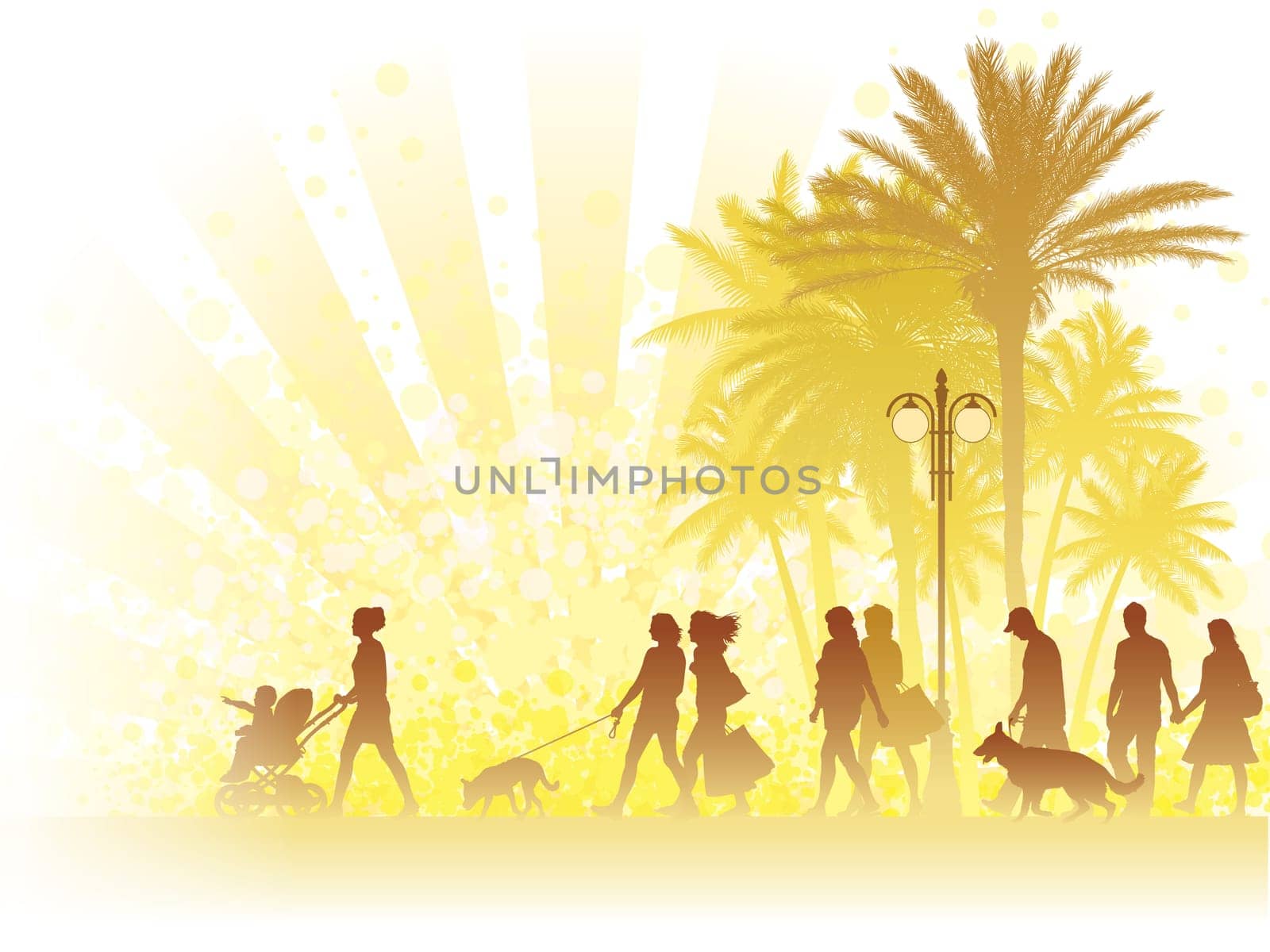 Hot summer day, people walking on a street. .