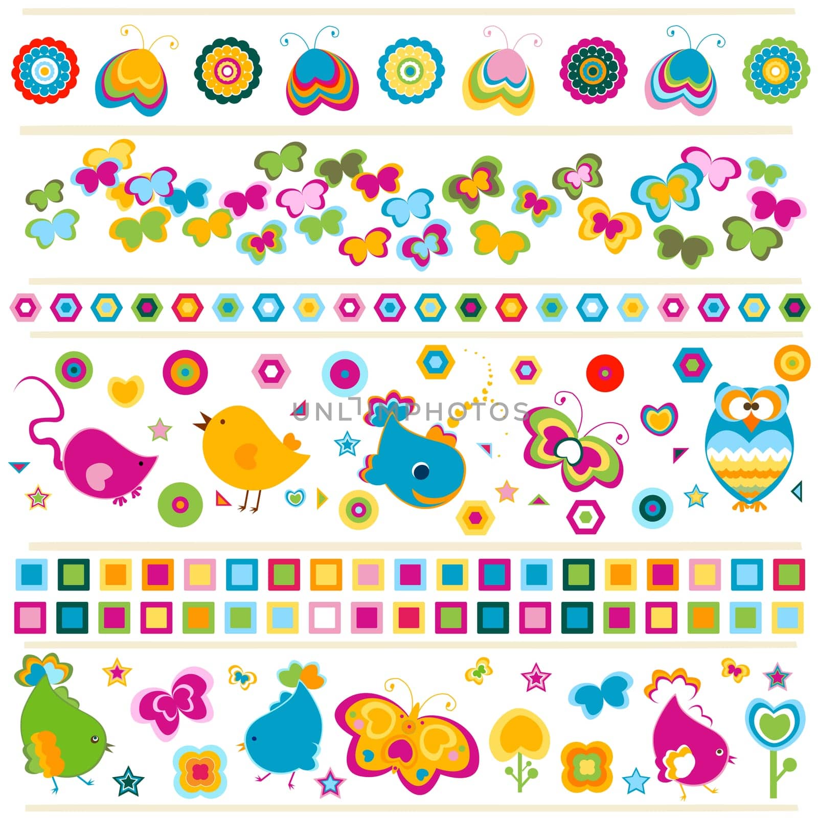 birds, butterflies, flowers etc borders, cute  colorful elements