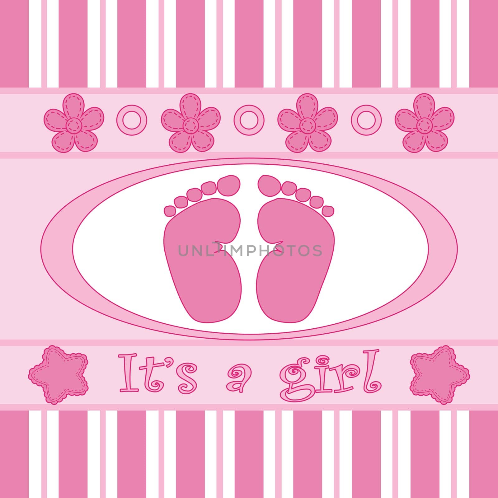 Baby girl announcement card in pink and white