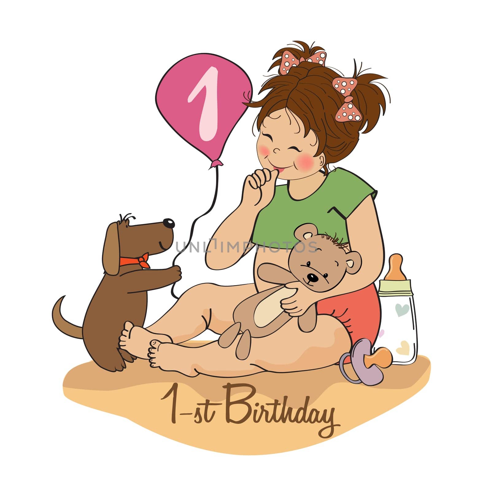little girl at her first birthday, vector illustration