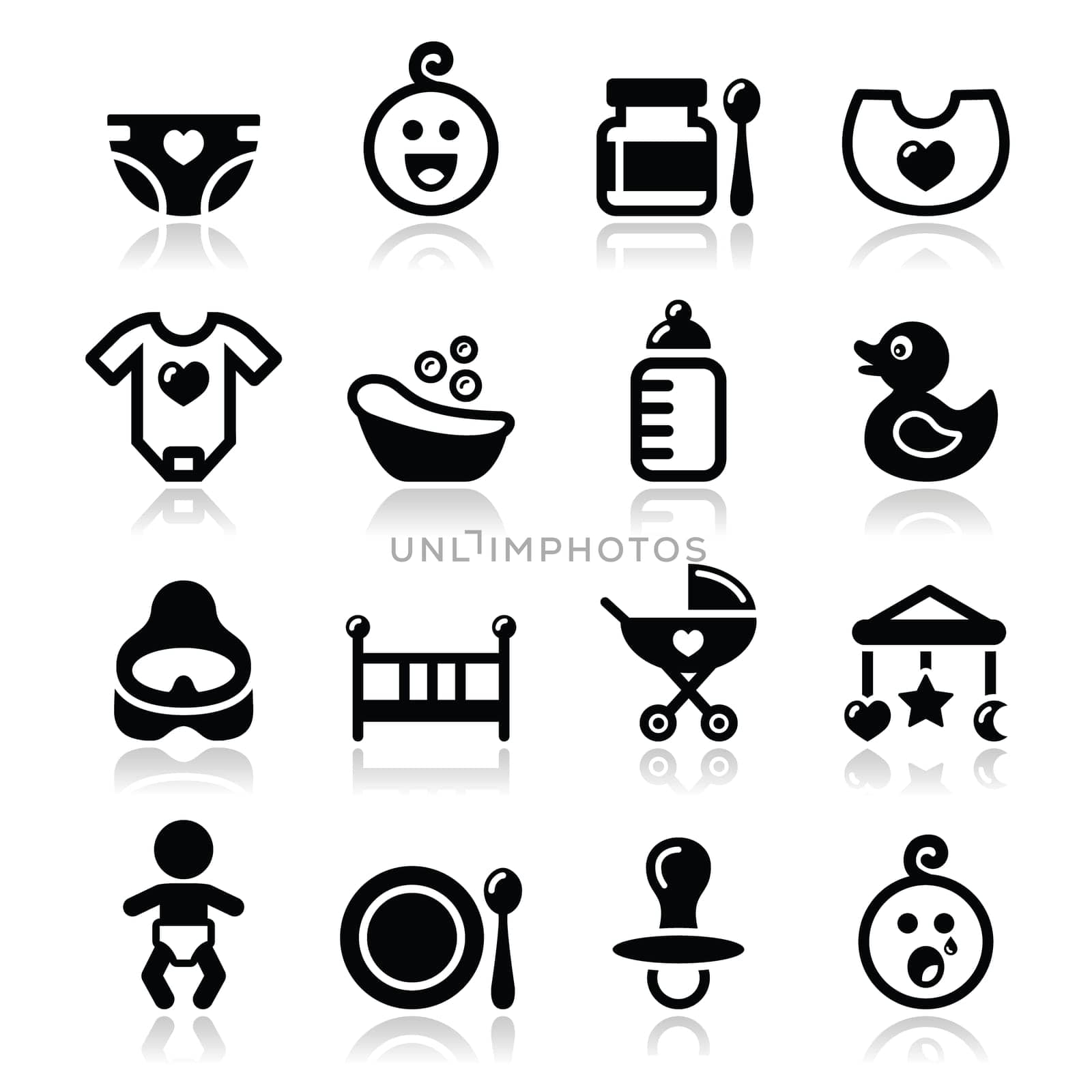 Modern black icons set with reflection - cute baby icons collection