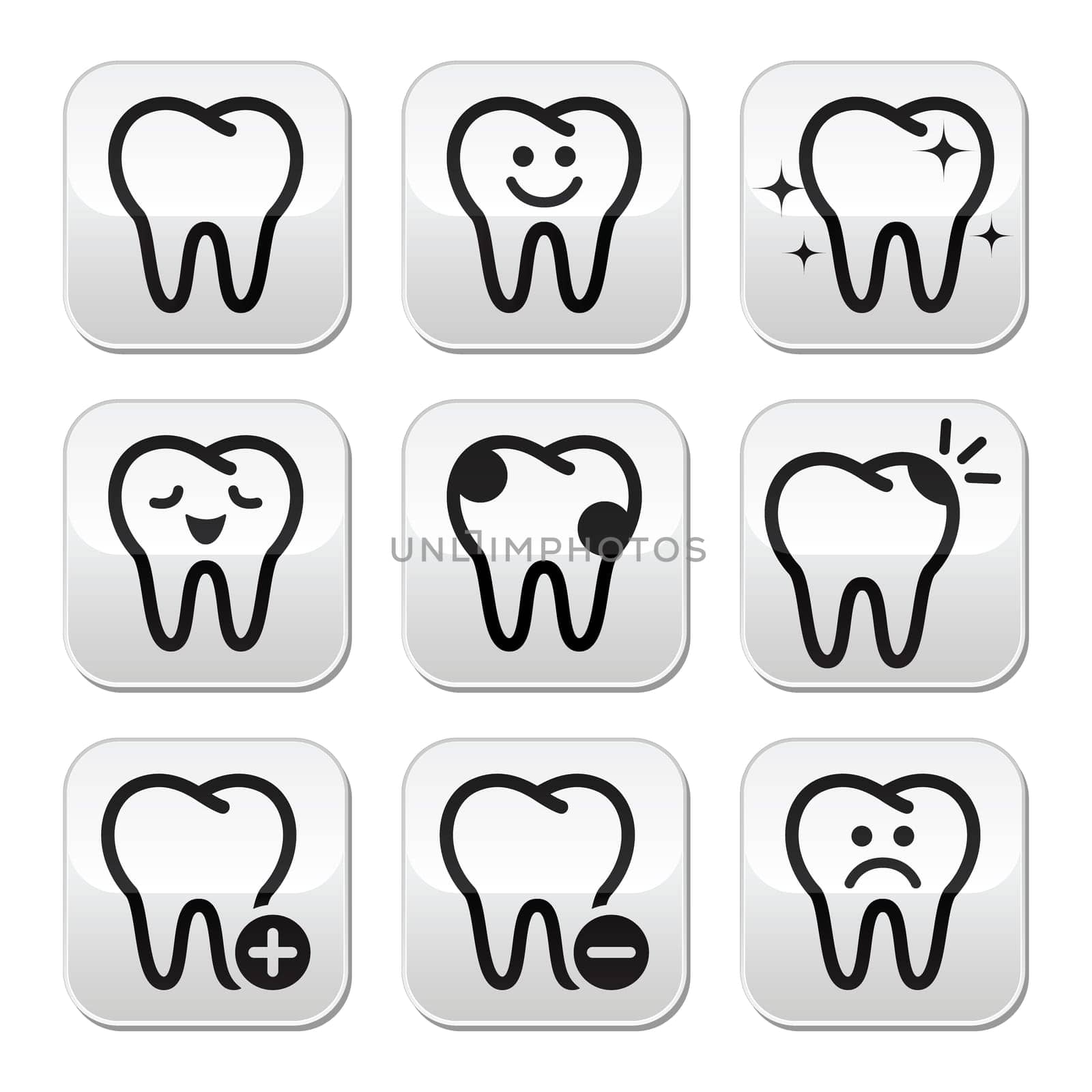 Stomatology, dentist concept - tooth buttons set isolated on white