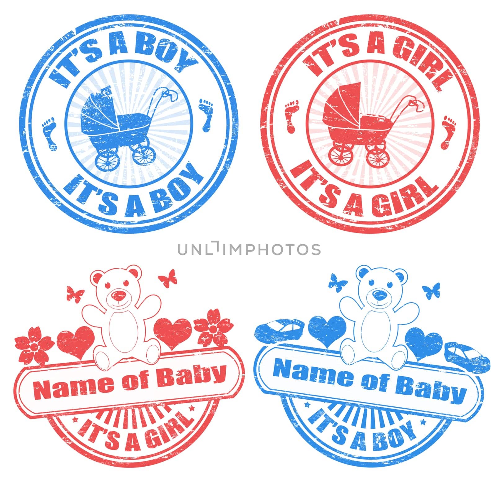 Set of grunge baby boy and baby girl rubber stamps, vector illustration