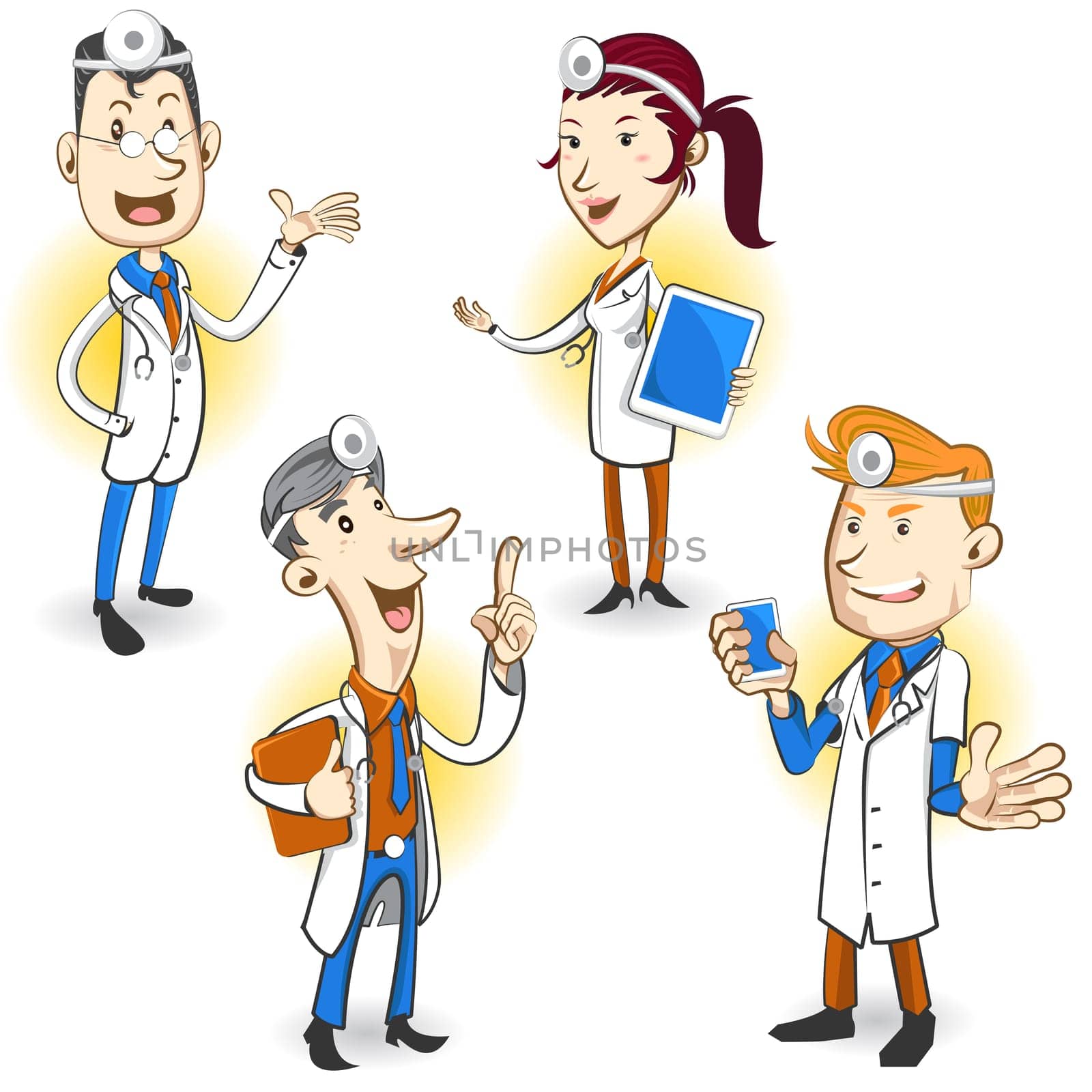Men And Women Doctor Character Holding Smartphone, Digital Tablet And Ring Binder, Explaining Medical Procedure