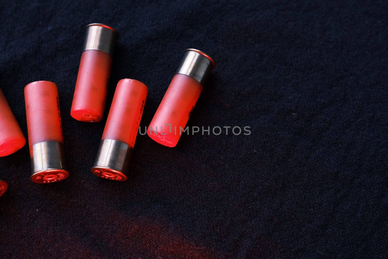 Shotgun shells on a black surface. Ammunition for 12 gauge smoothbore weapons. Hunting ammunition. Dark background