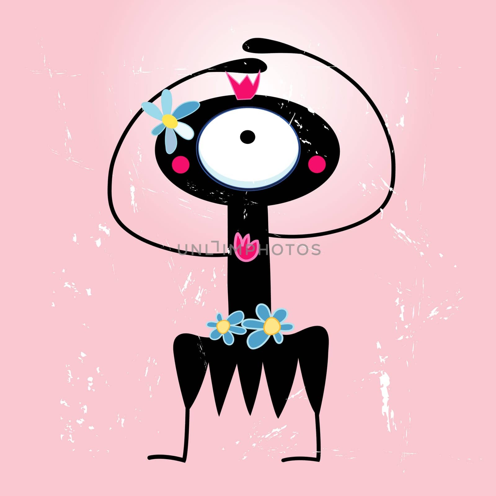 funny monster with flowers on a pink background textural