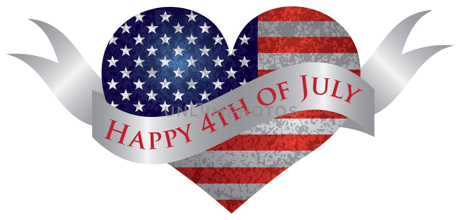 Fourth of July USA Flag in Heart Shape with Texture and Scroll with Happy 4th of July Text Illustration by dpcrestock