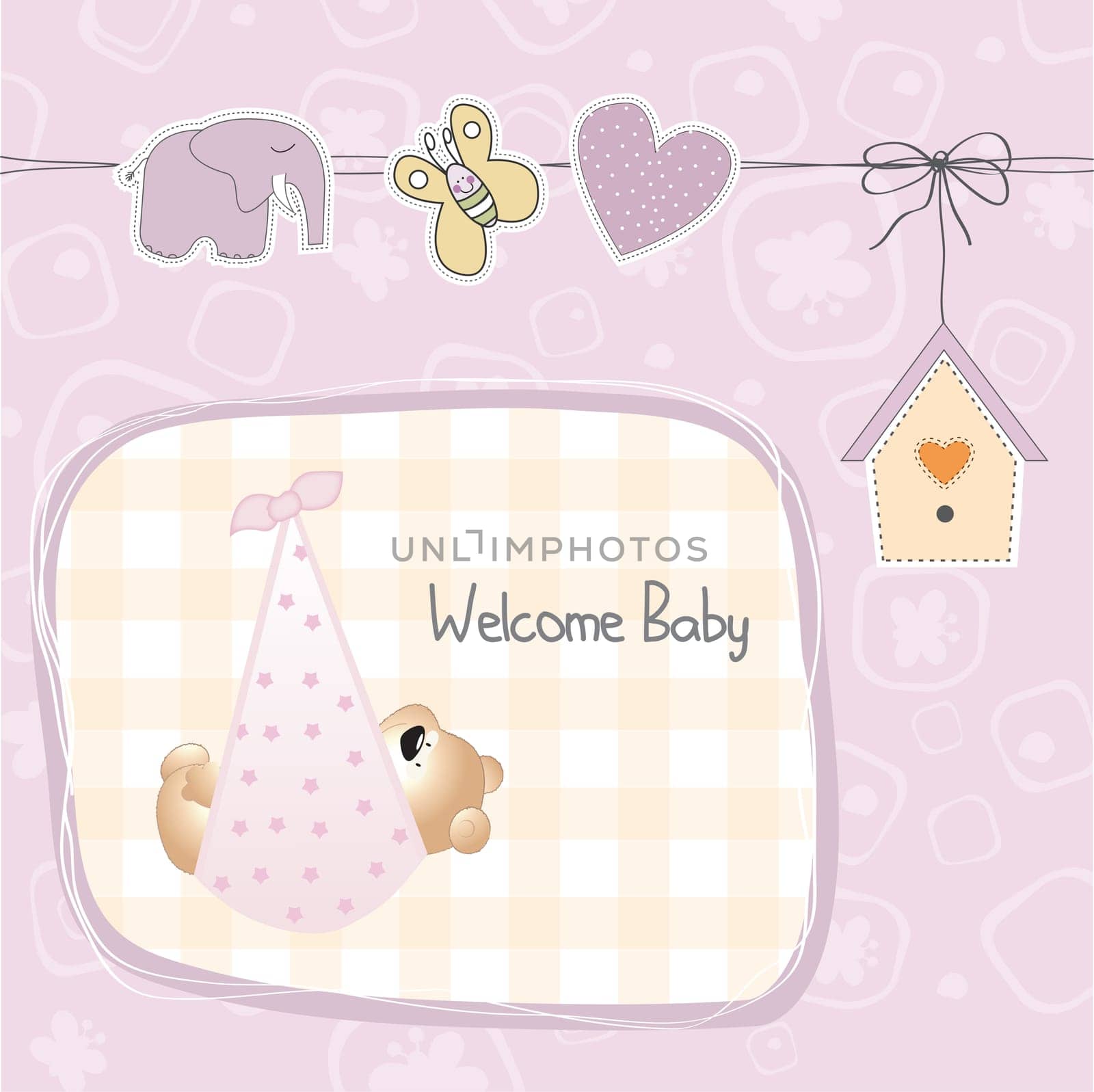 baby shower card with teddy bear toy, vector illustration