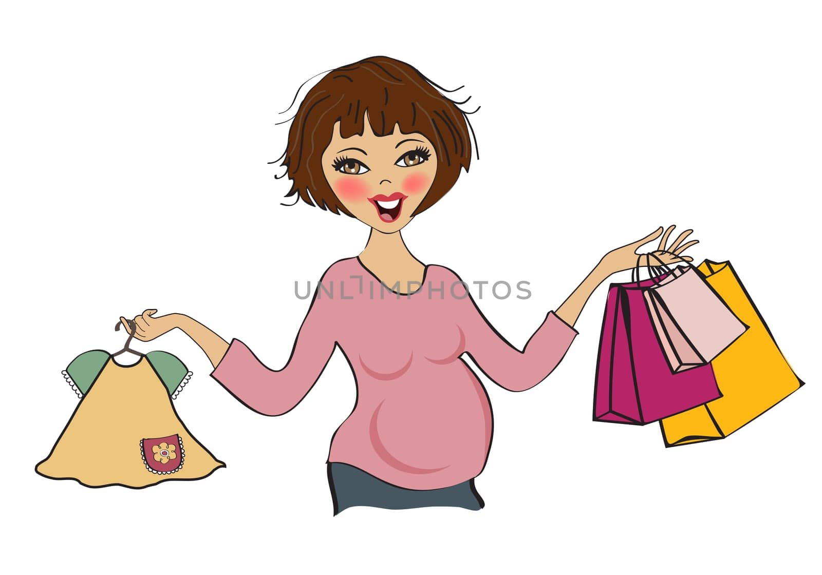 happy pregnant woman at shopping, isolated on white background, vector illustration
