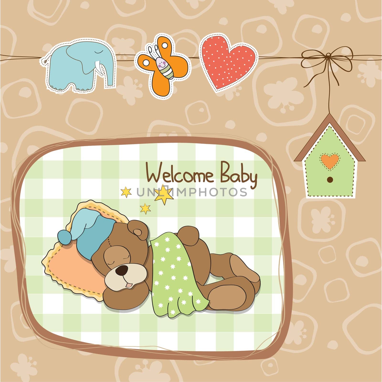 baby shower card with teddy bear toy, vector illustration