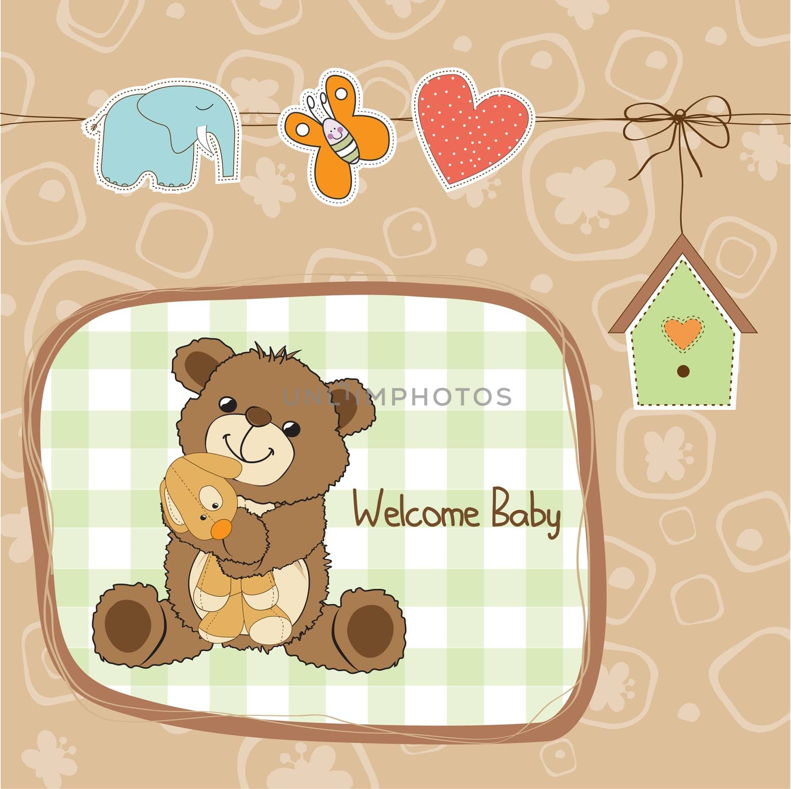 baby shower card with teddy bear toy, vector illustration