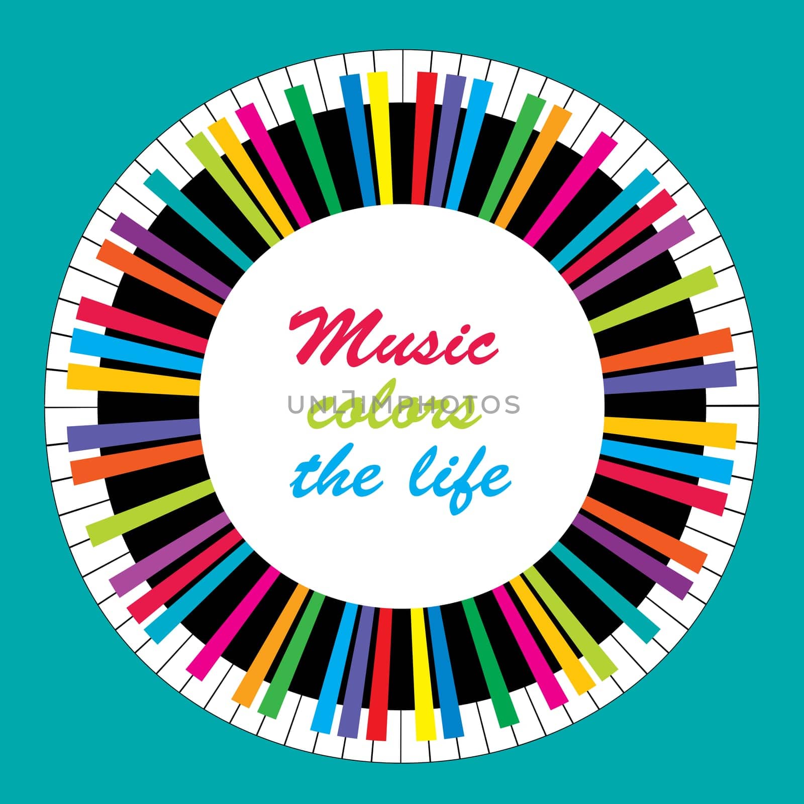 Abstract colored circular piano on white background with message Music colors the life