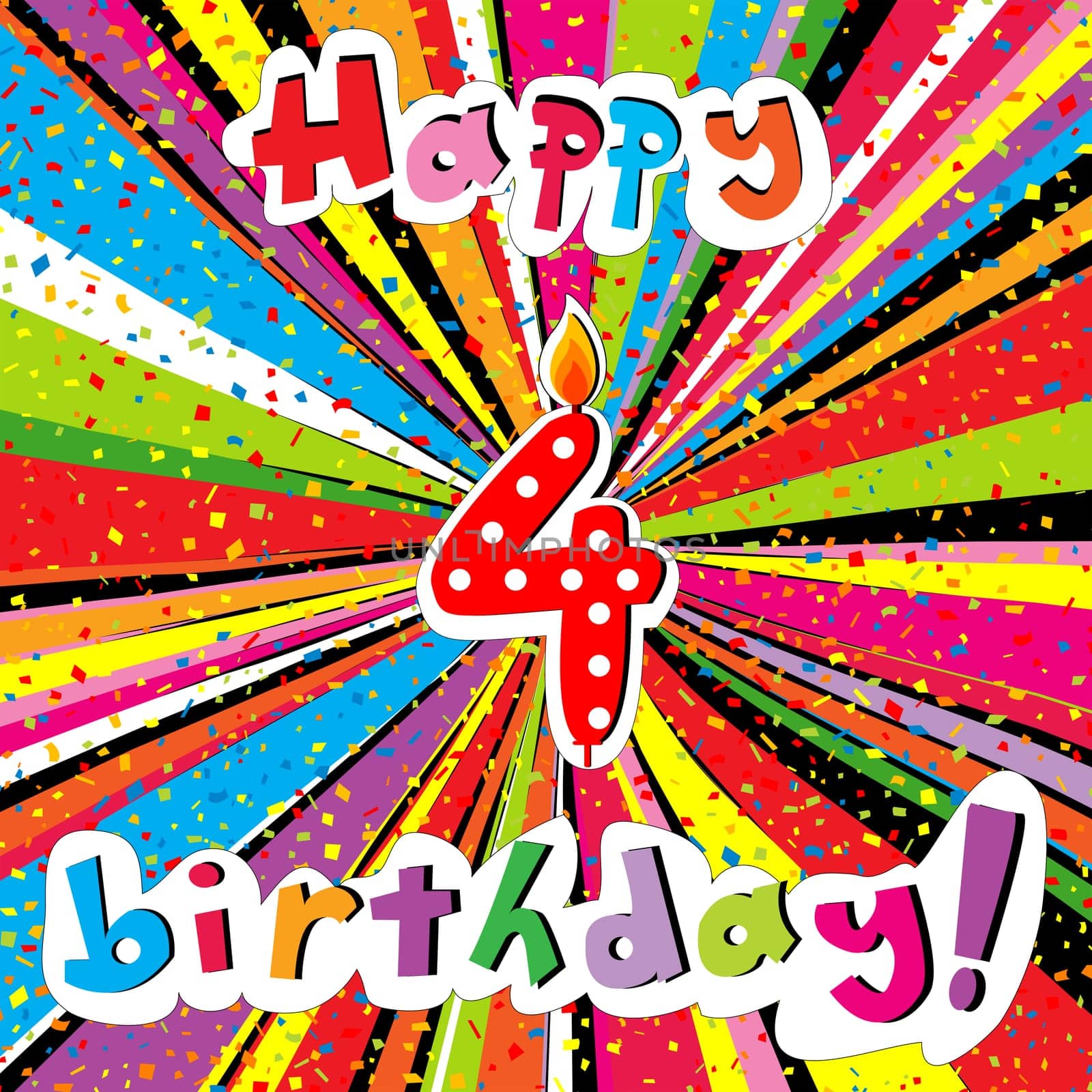 Happy Birthday greeting card with number 4 candle and confetti on a colorful sunburst background