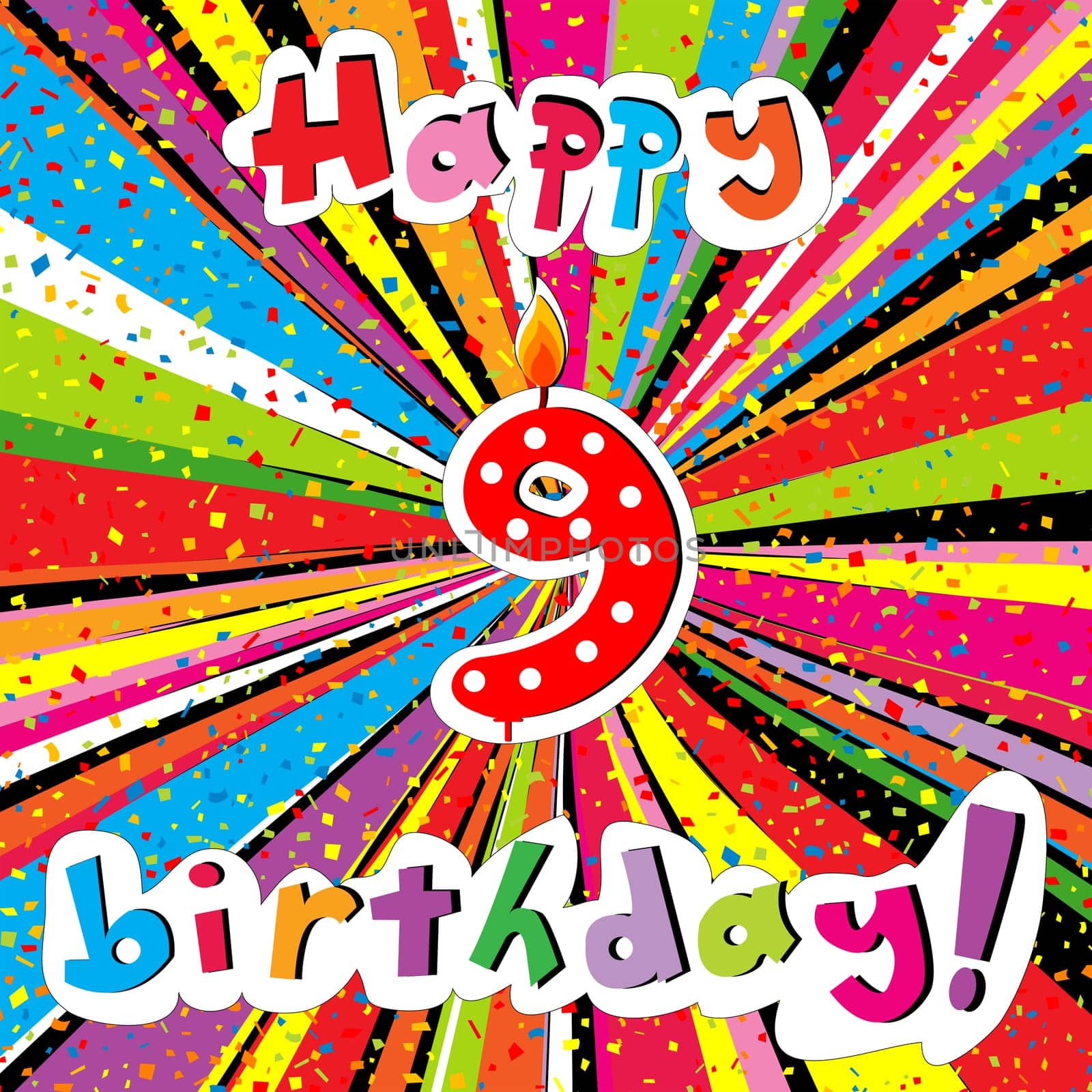 Happy Birthday greeting card with number 9 candle and confetti on a colorful sunburst background