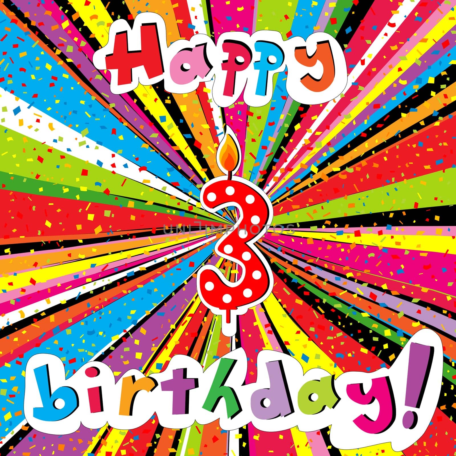 Happy Birthday greeting card with number 3 candle and confetti on a colorful sunburst background