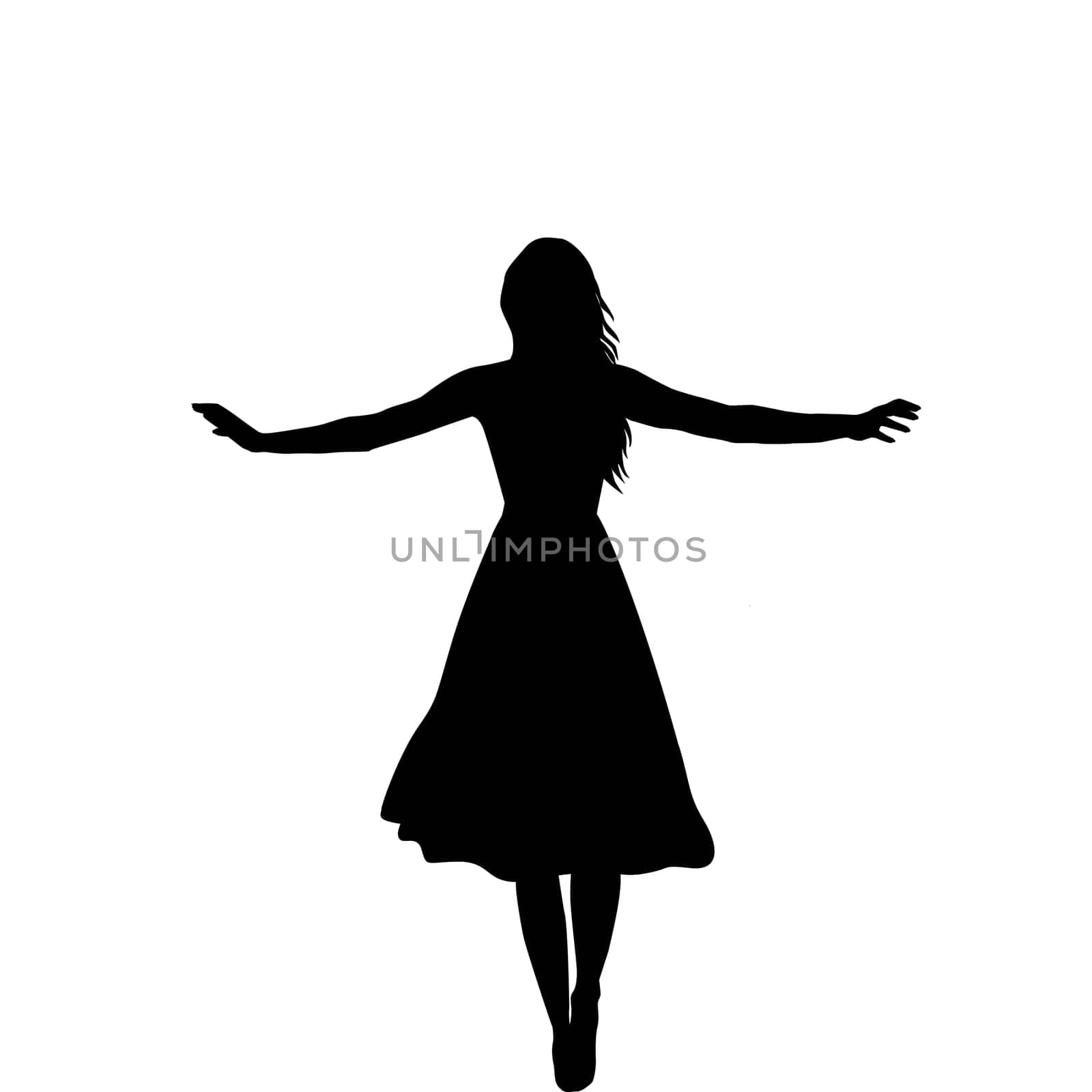 Spreading arms woman silhouette isolated on white background