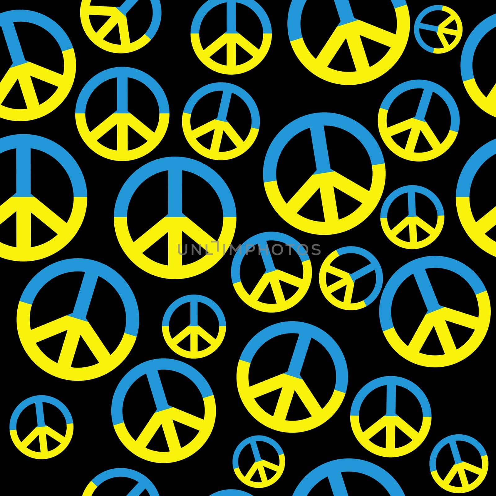 Seamless pattern of peace sign with Ukraine flag on black background