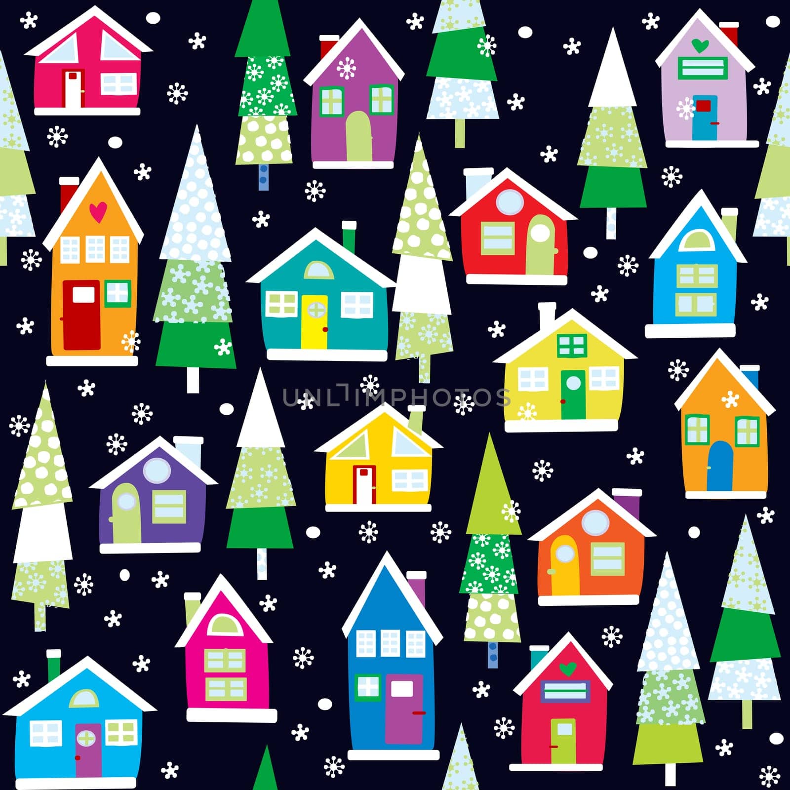 Winter background with cartoon colored houses