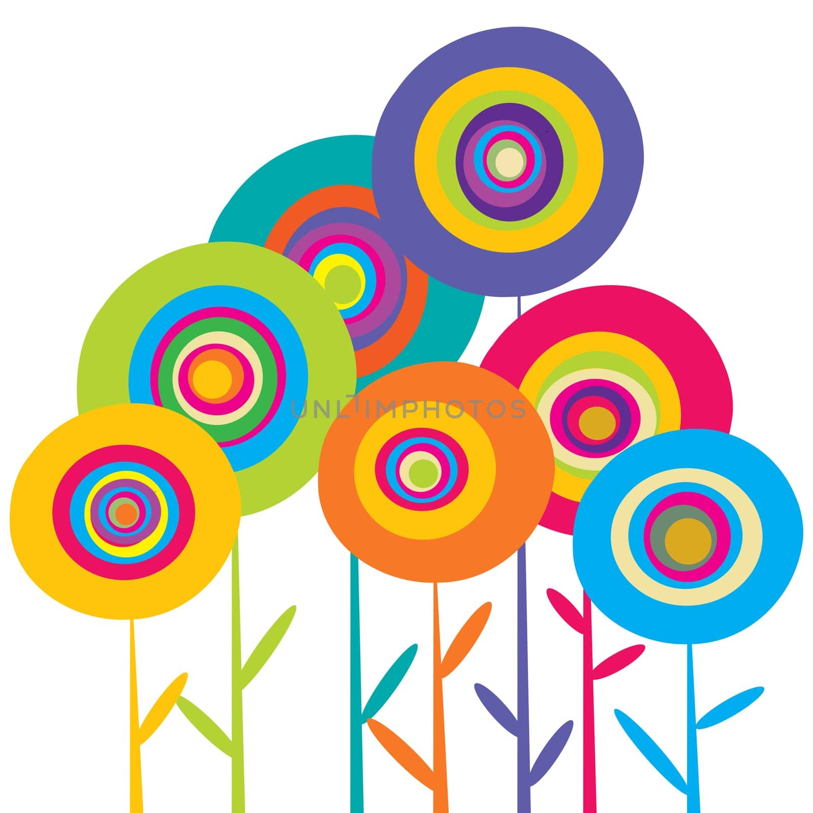Stylized colored flowers in bloom over white background