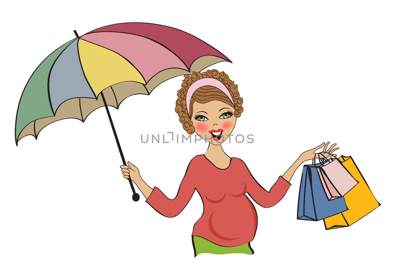 happy pregnant woman at shopping, isolated on white background, vector illustration