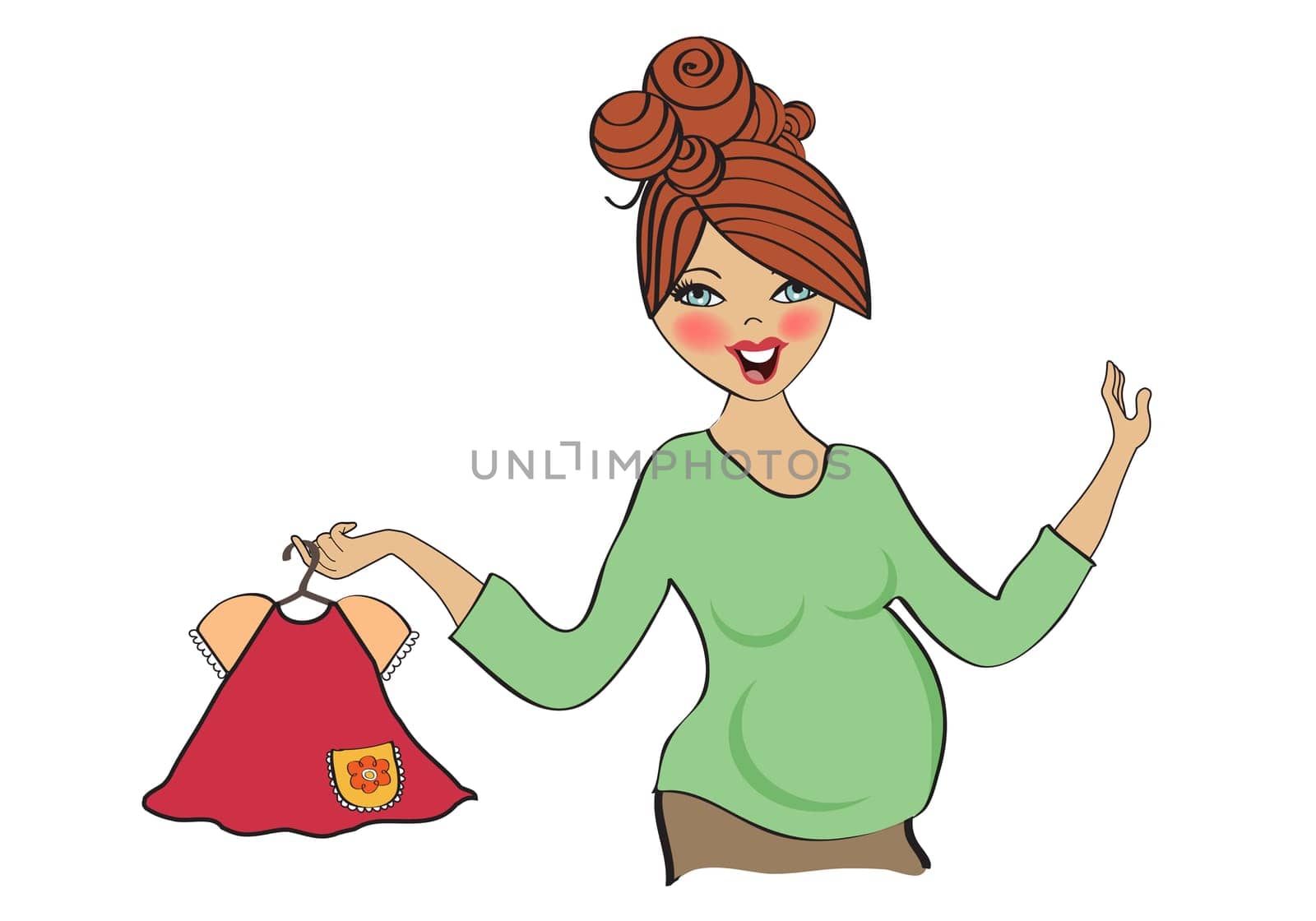 happy pregnant woman at shopping, isolated on white background, vector illustration
