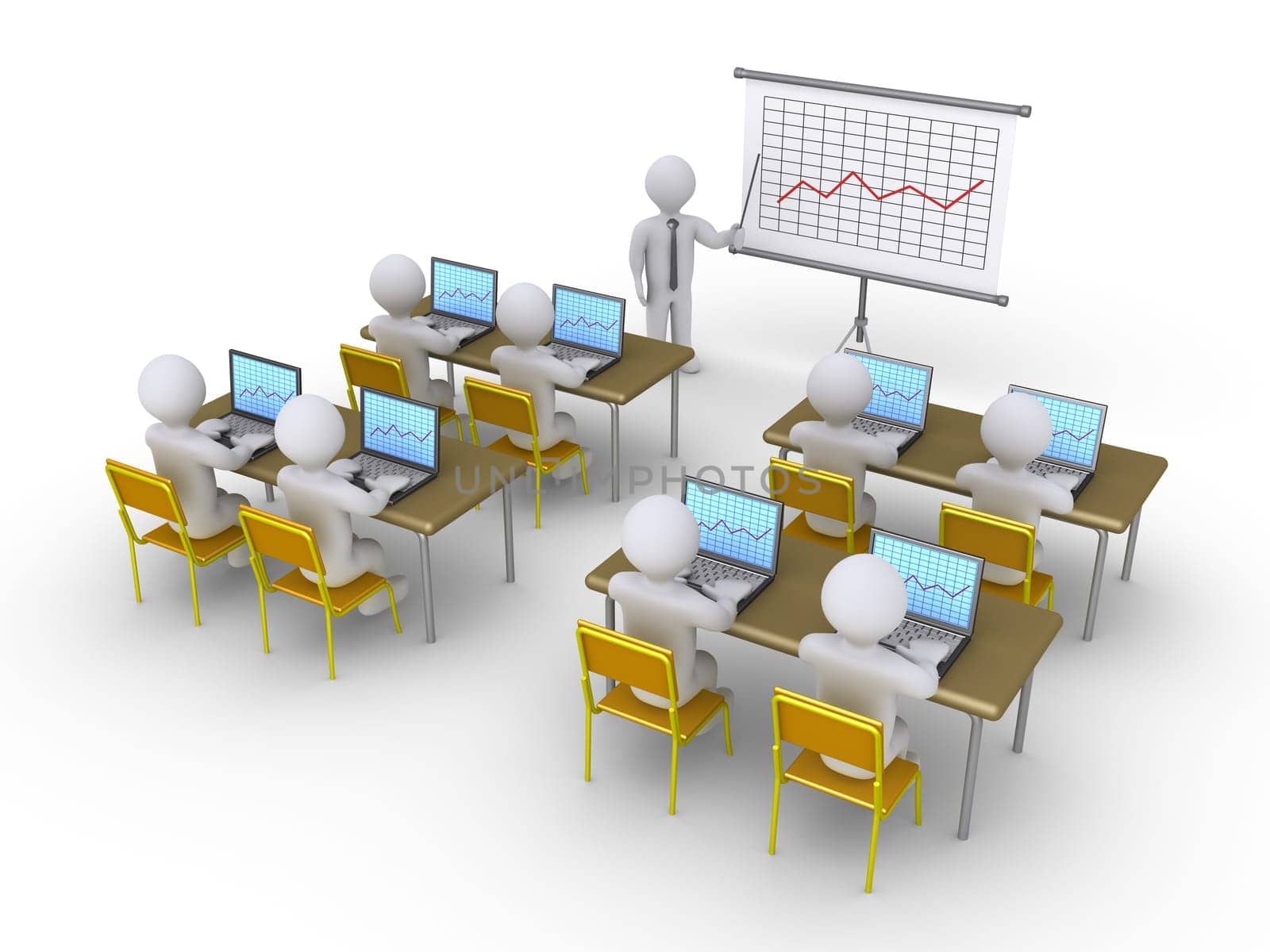 Businessman is presenting a graphic chart as a seminar to students with laptops