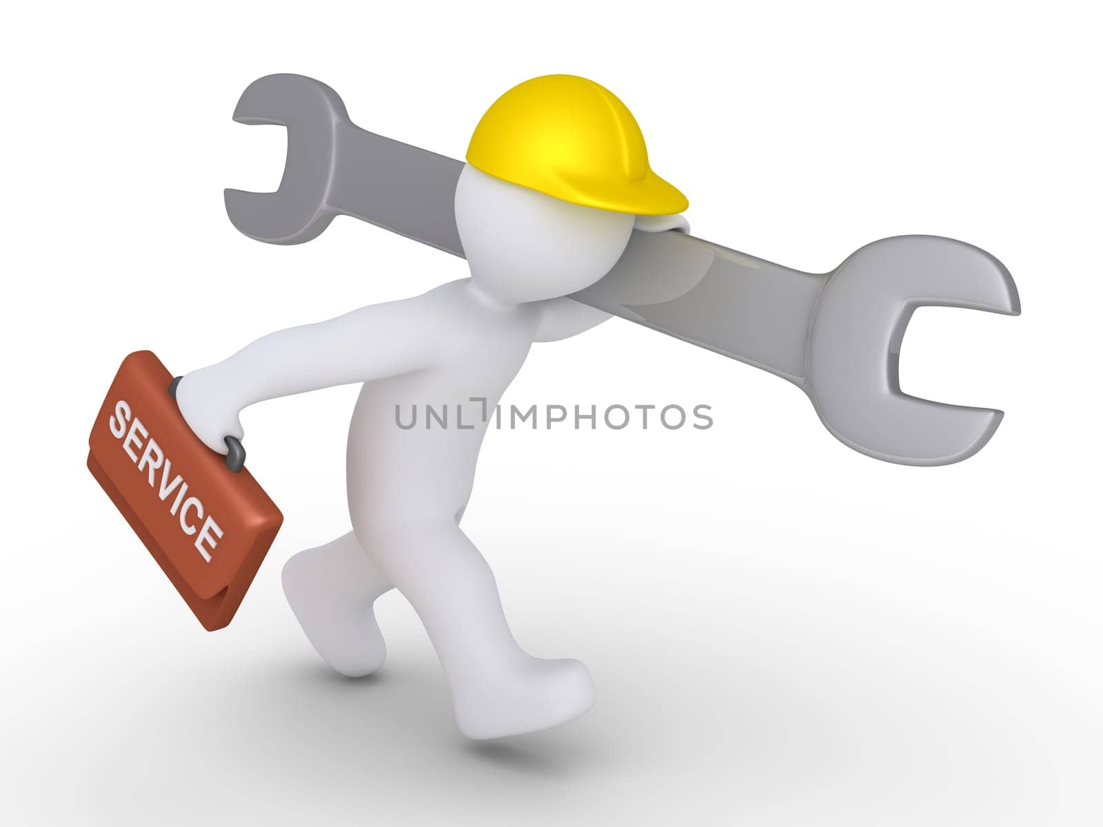Person wearing a helmet and holding a suitcase and a wrench is running