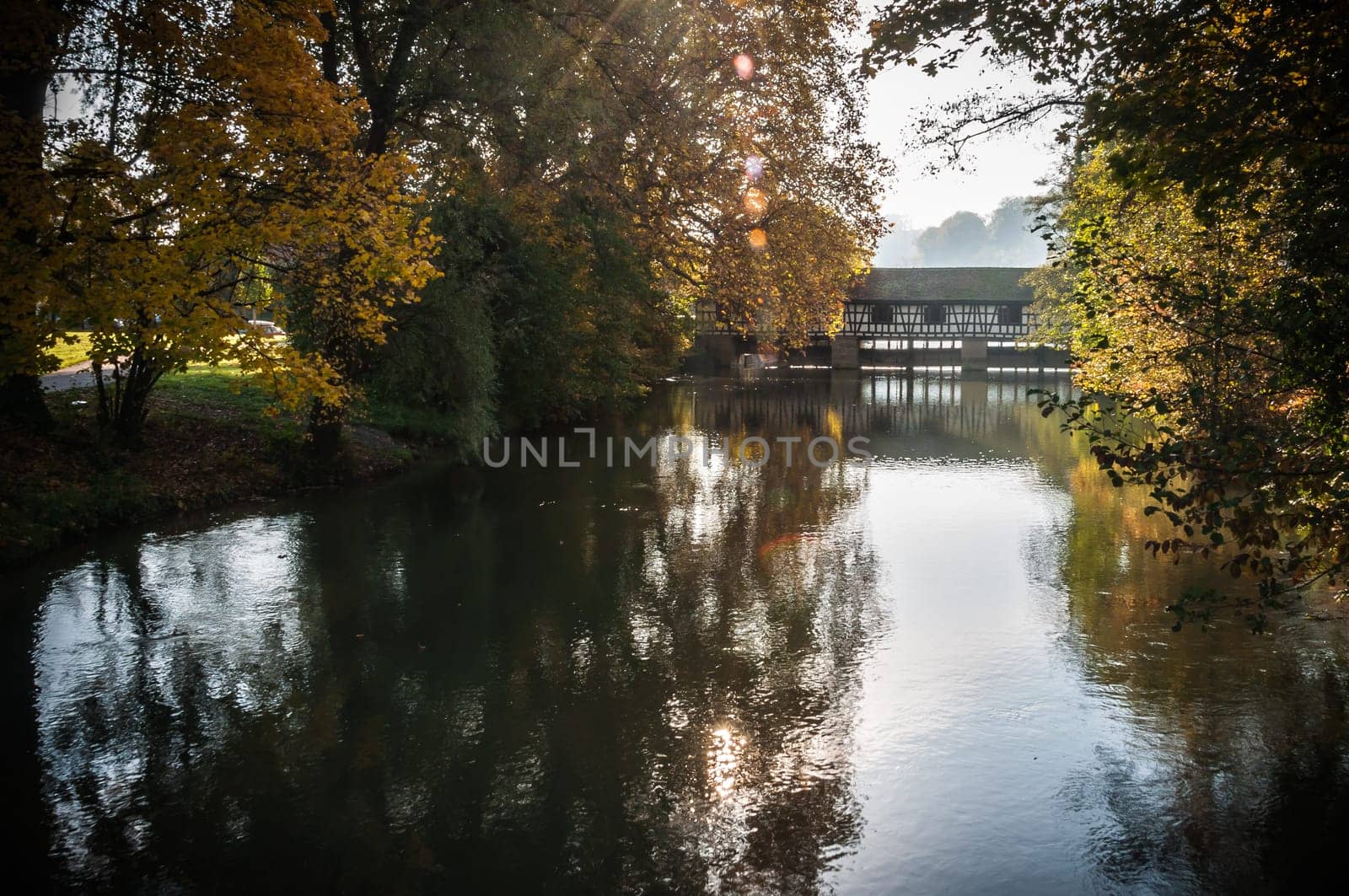 Autumn - Old bridge in autumn misty park