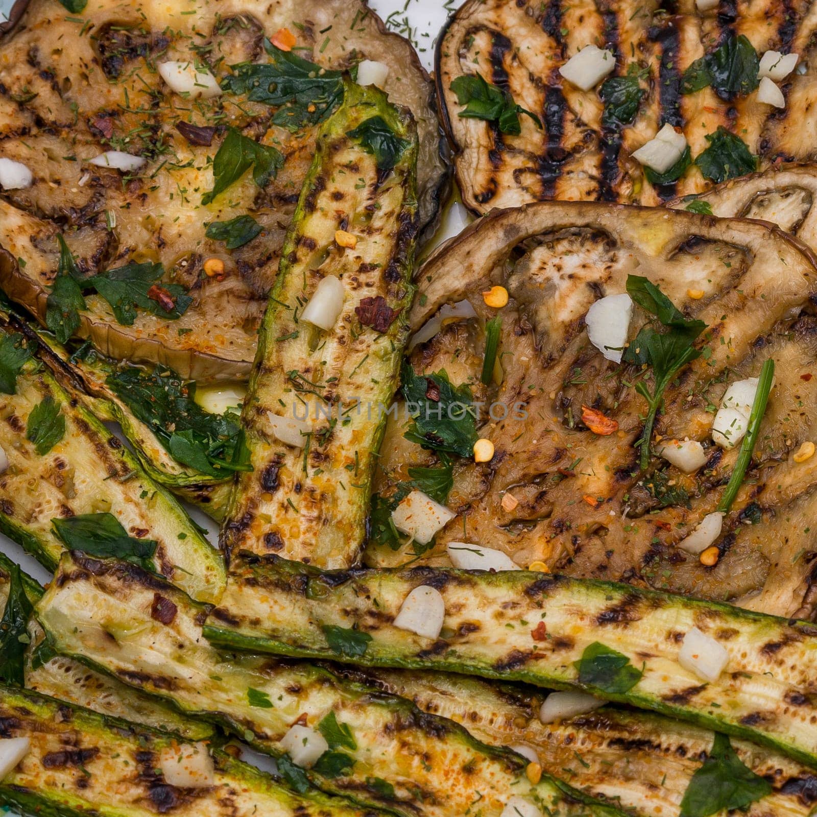 A Dish of grilled eggplants with spices from italian recipe